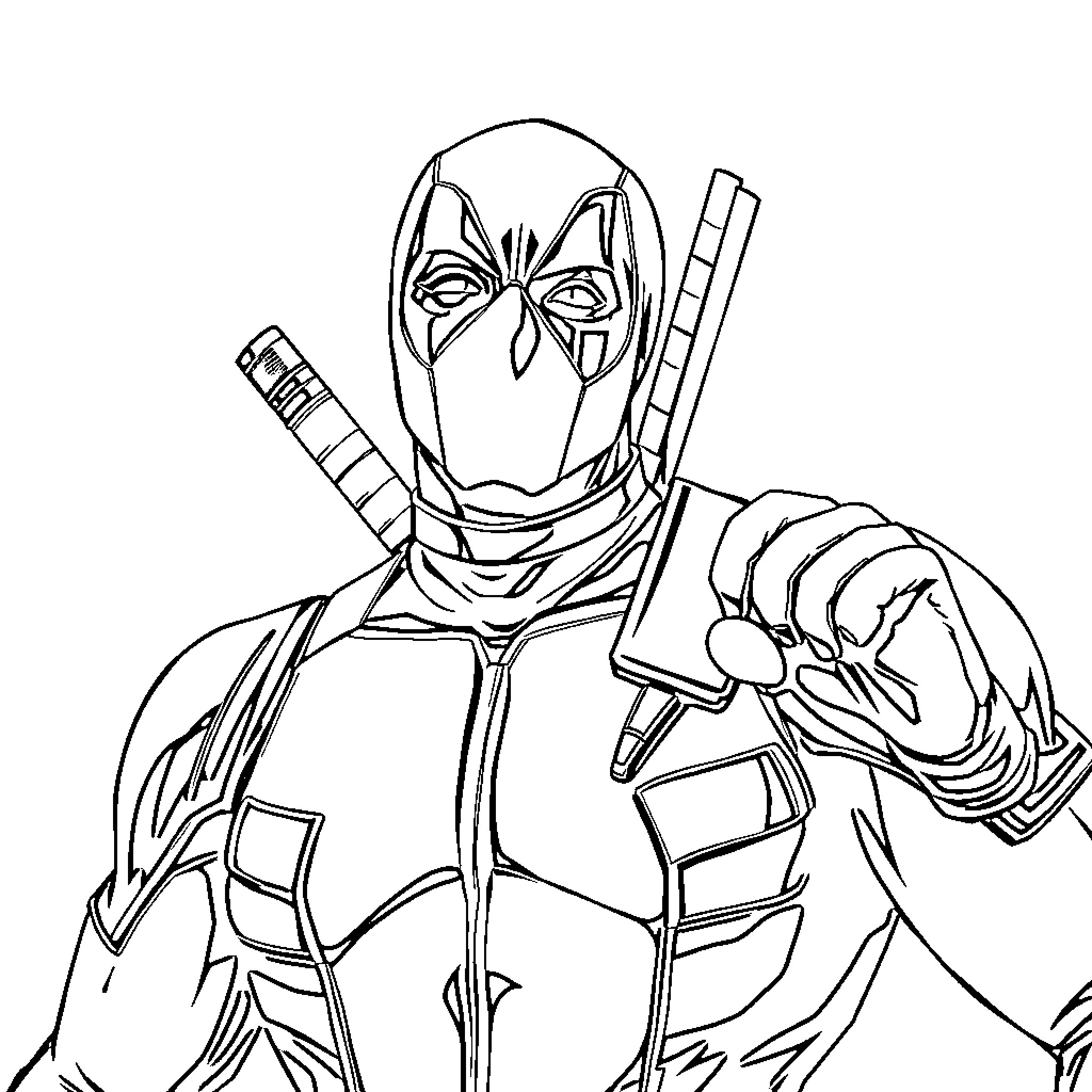 Deadpool in action-ready pose with distinctive outfit Coloring Page (free black-and-white line drawing printable PDF for all, from beginners to advanced learners, including children, teens, adults, and seniors)