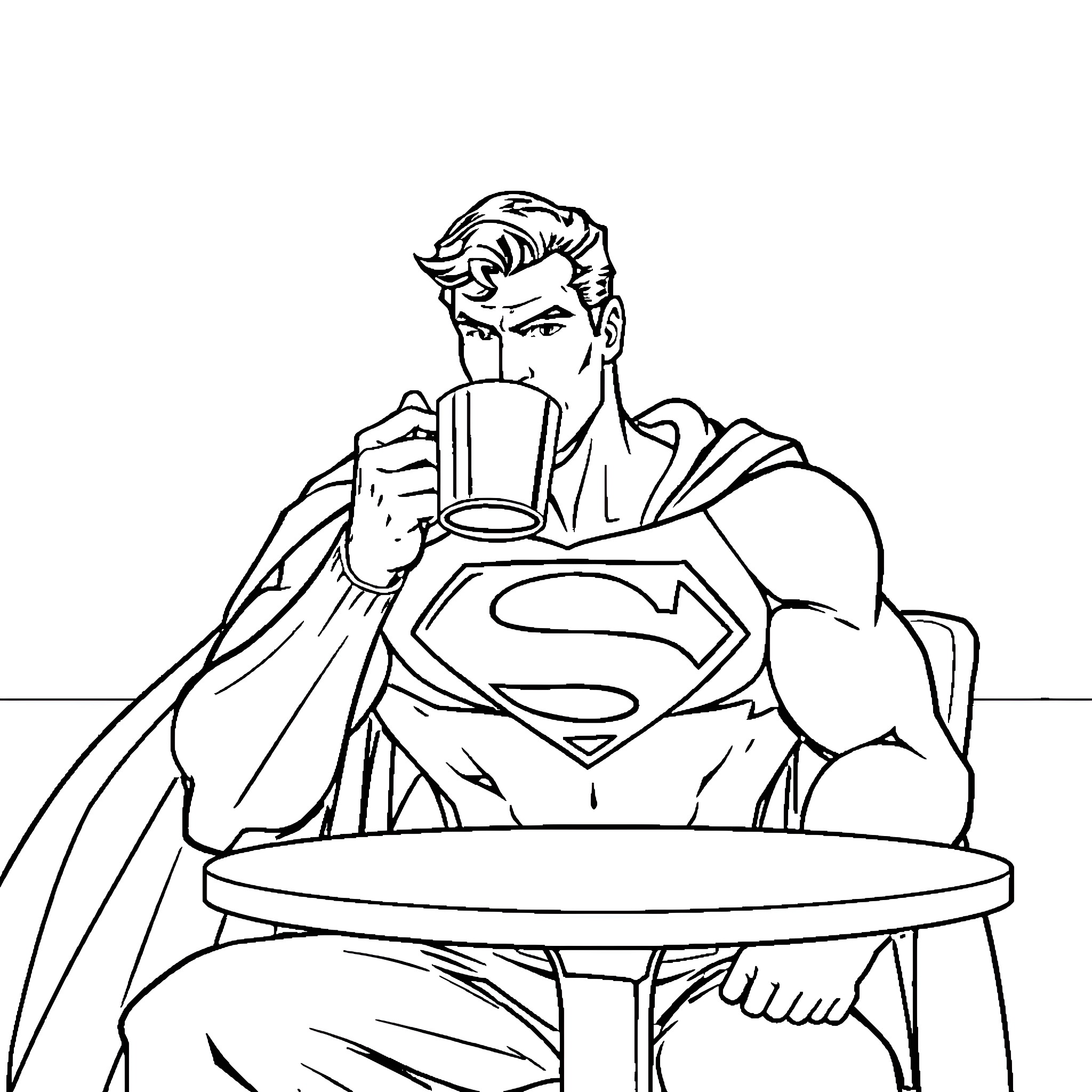 Superman enjoying a cup of coffee Coloring Page (free black-and-white line drawing printable PDF for all, from beginners to advanced learners, including children, teens, adults, and seniors)