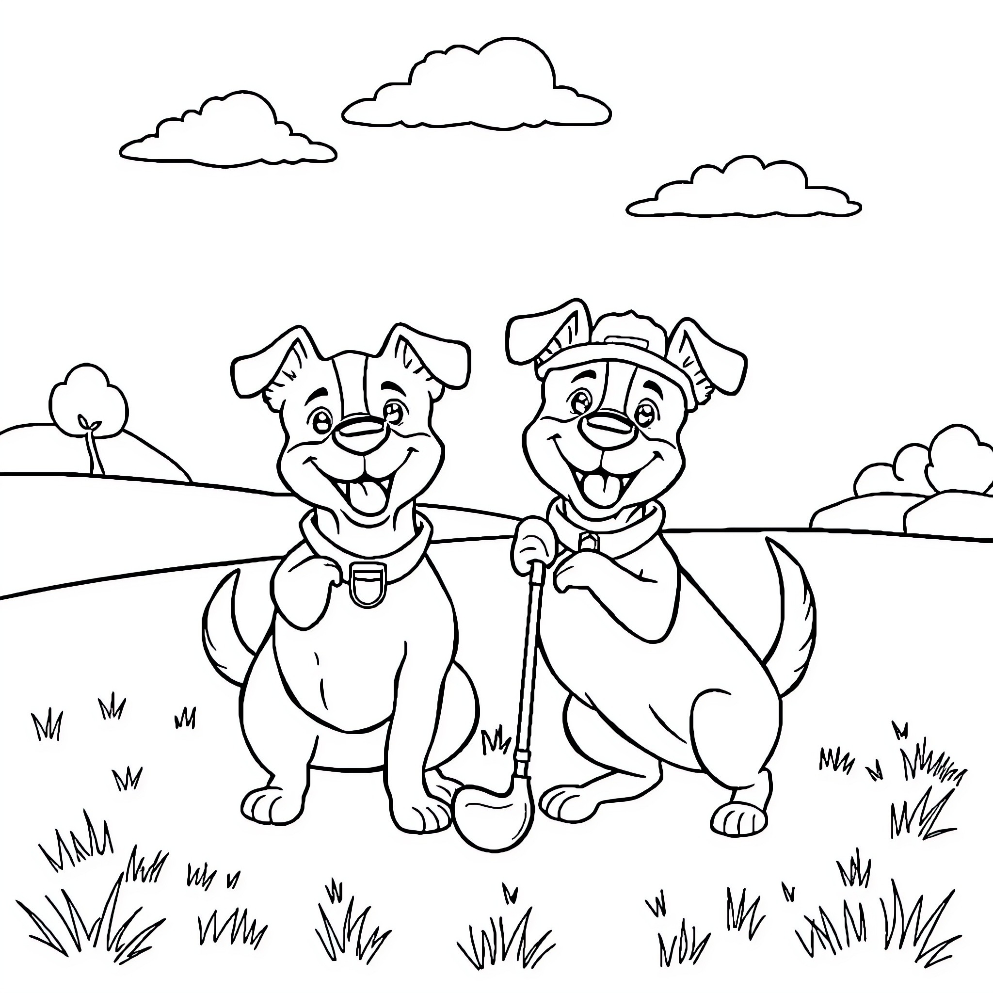Dogs playing happily in a park Coloring Page (free black-and-white line drawing printable PDF for all, from beginners to advanced learners, including children, teens, adults, and seniors)
