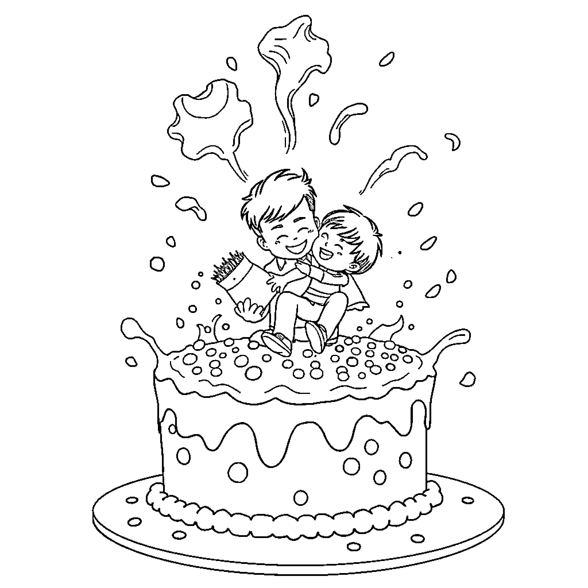 Family Celebrating with Joyful Cake Coloring Page (free black-and-white line drawing printable PDF for all, from beginners to advanced learners, including children, teens, adults, and seniors)