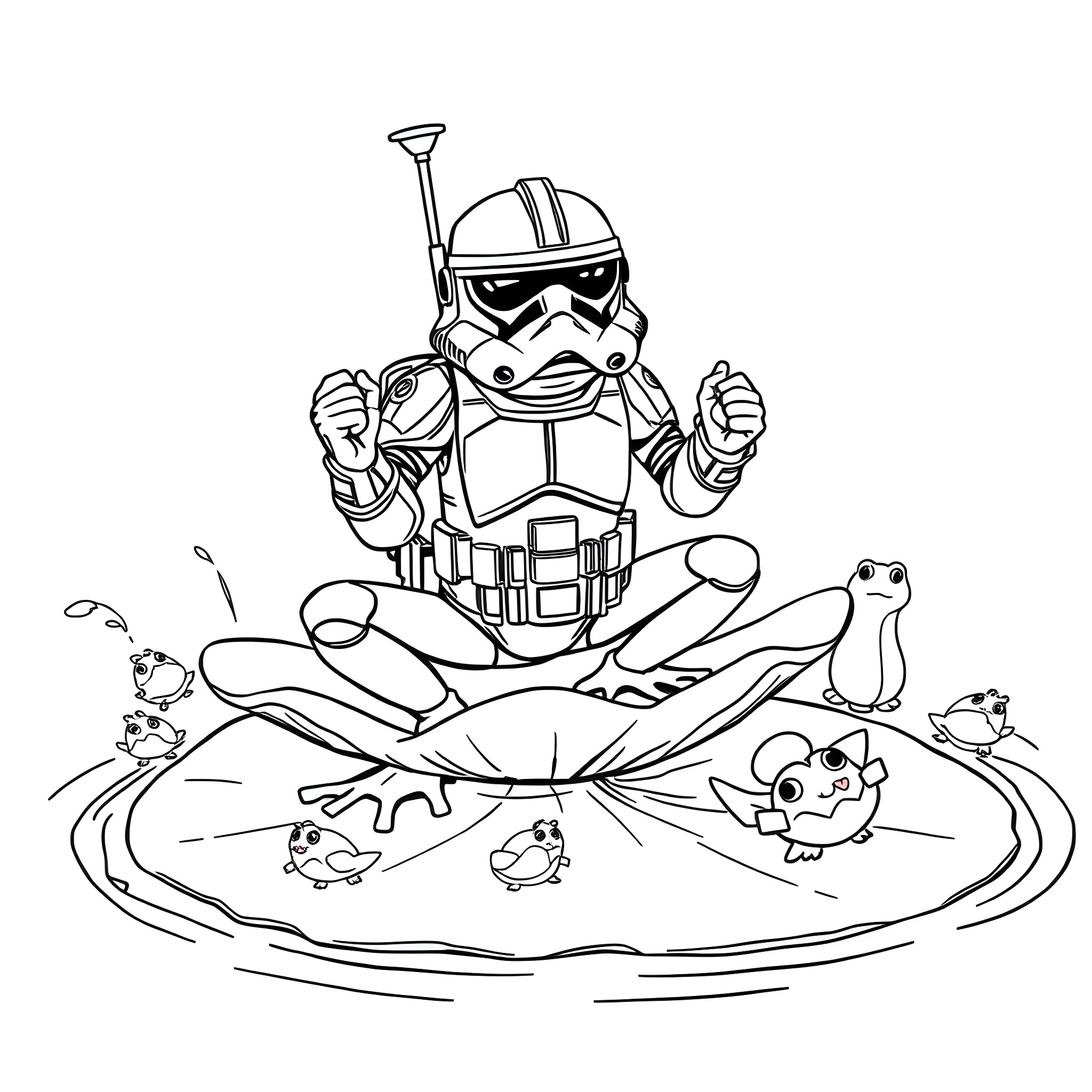 Clone Trooper inspecting peaceful nature scene Coloring Page (free black-and-white line drawing printable PDF for all, from beginners to advanced learners, including children, teens, adults, and seniors)