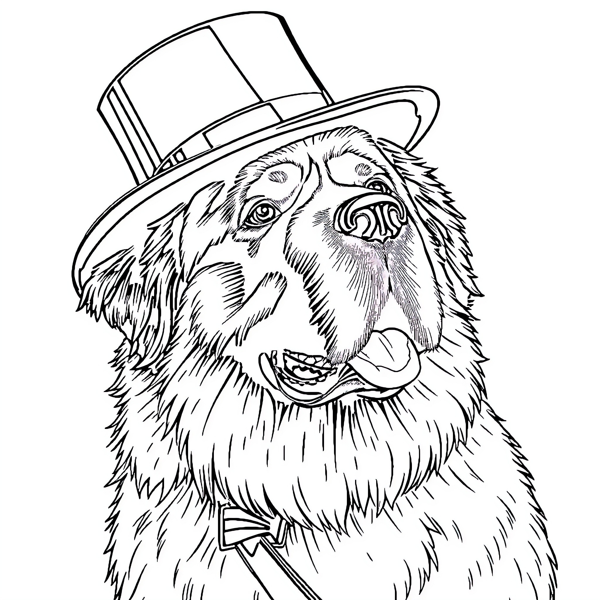 Saint Bernard wearing a top hat with a joyful expression Coloring Page (free black-and-white line drawing printable PDF for all, from beginners to advanced learners, including children, teens, adults, and seniors)