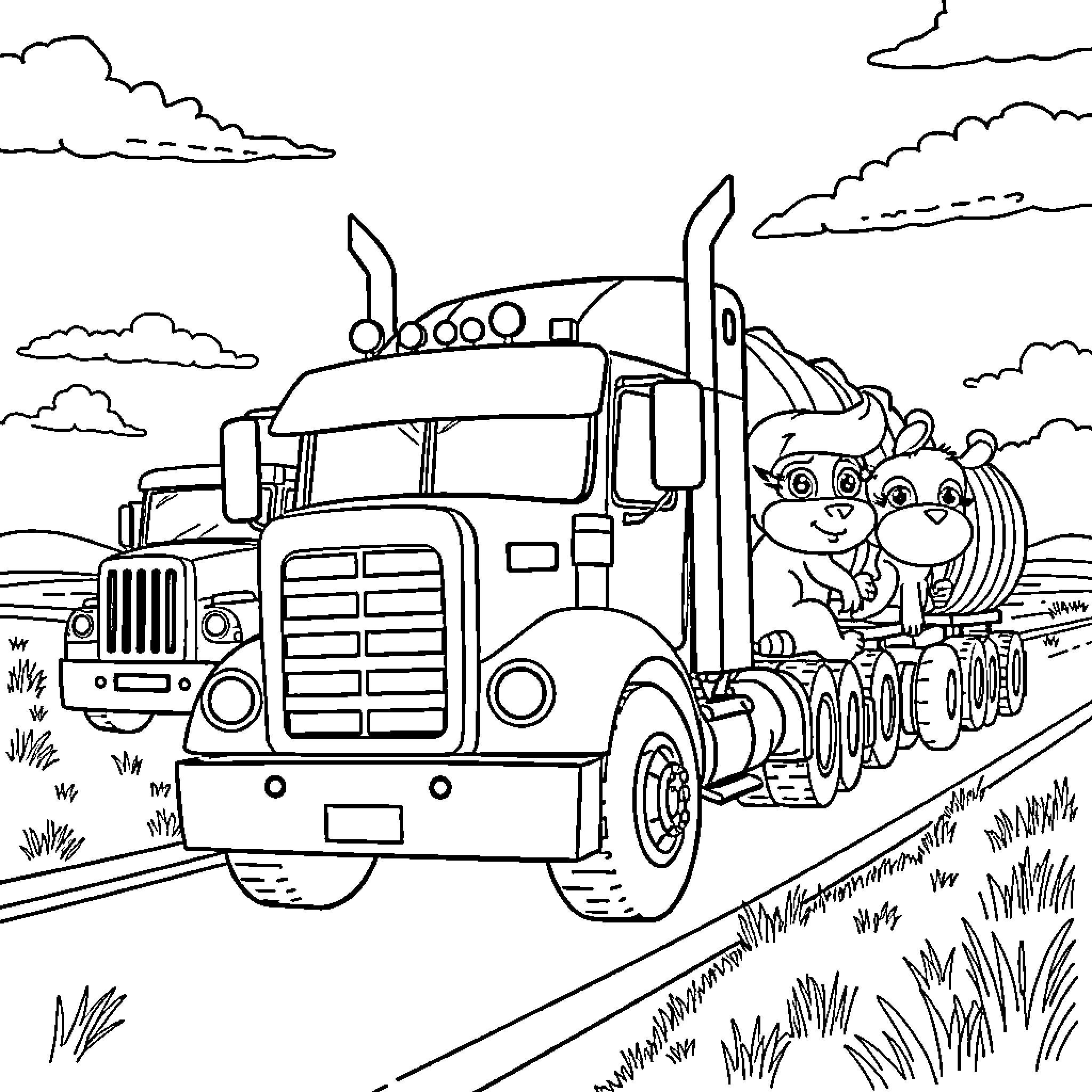 Truck Transporting Cartoon Animals on the Road Coloring Page (free black-and-white line drawing printable PDF for all, from beginners to advanced learners, including children, teens, adults, and seniors)
