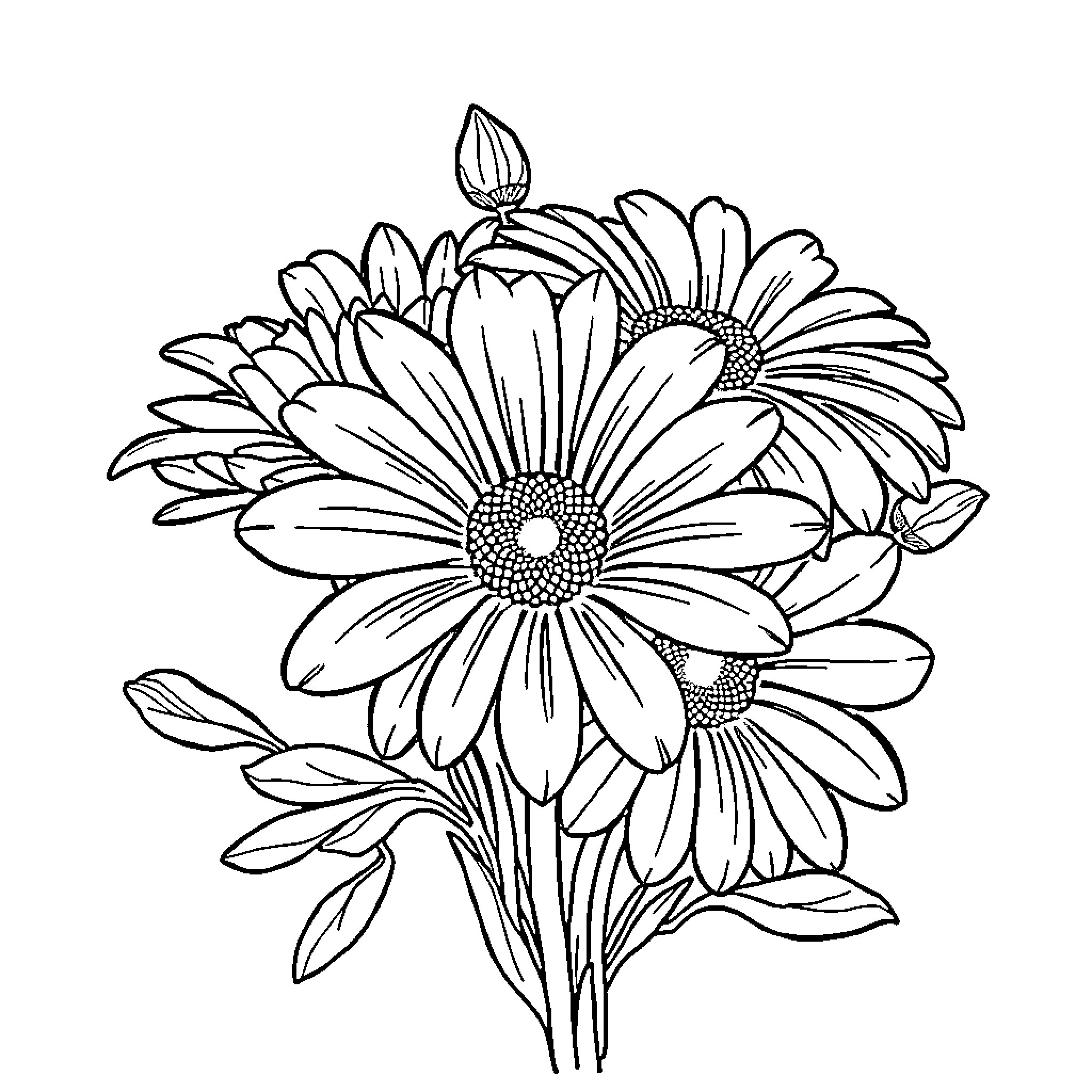 Stitch of Vibrant Floral Bouquet Coloring Page (free black-and-white line drawing printable PDF for all, from beginners to advanced learners, including children, teens, adults, and seniors)