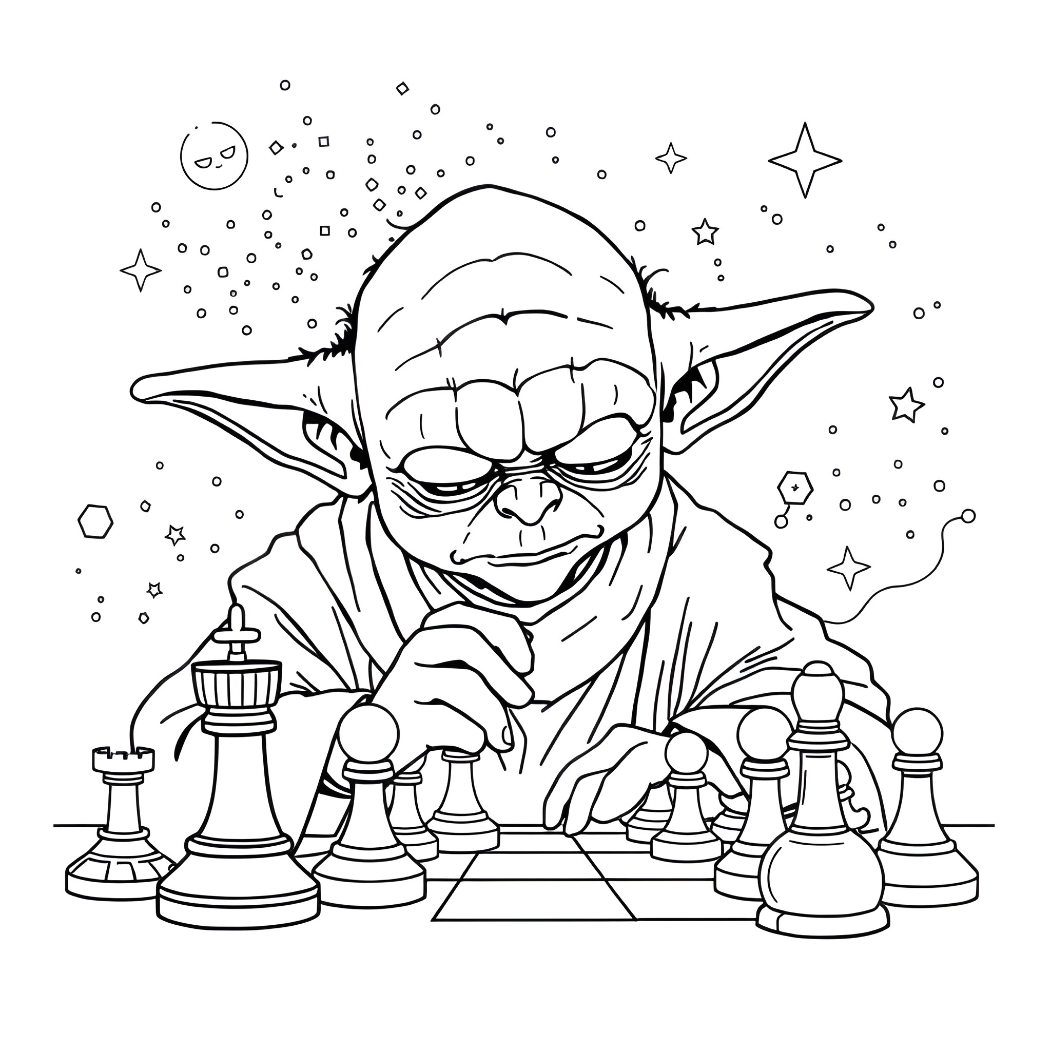 Yoda playing chess in the starry night Coloring Page (free black-and-white line drawing printable PDF for all, from beginners to advanced learners, including children, teens, adults, and seniors)
