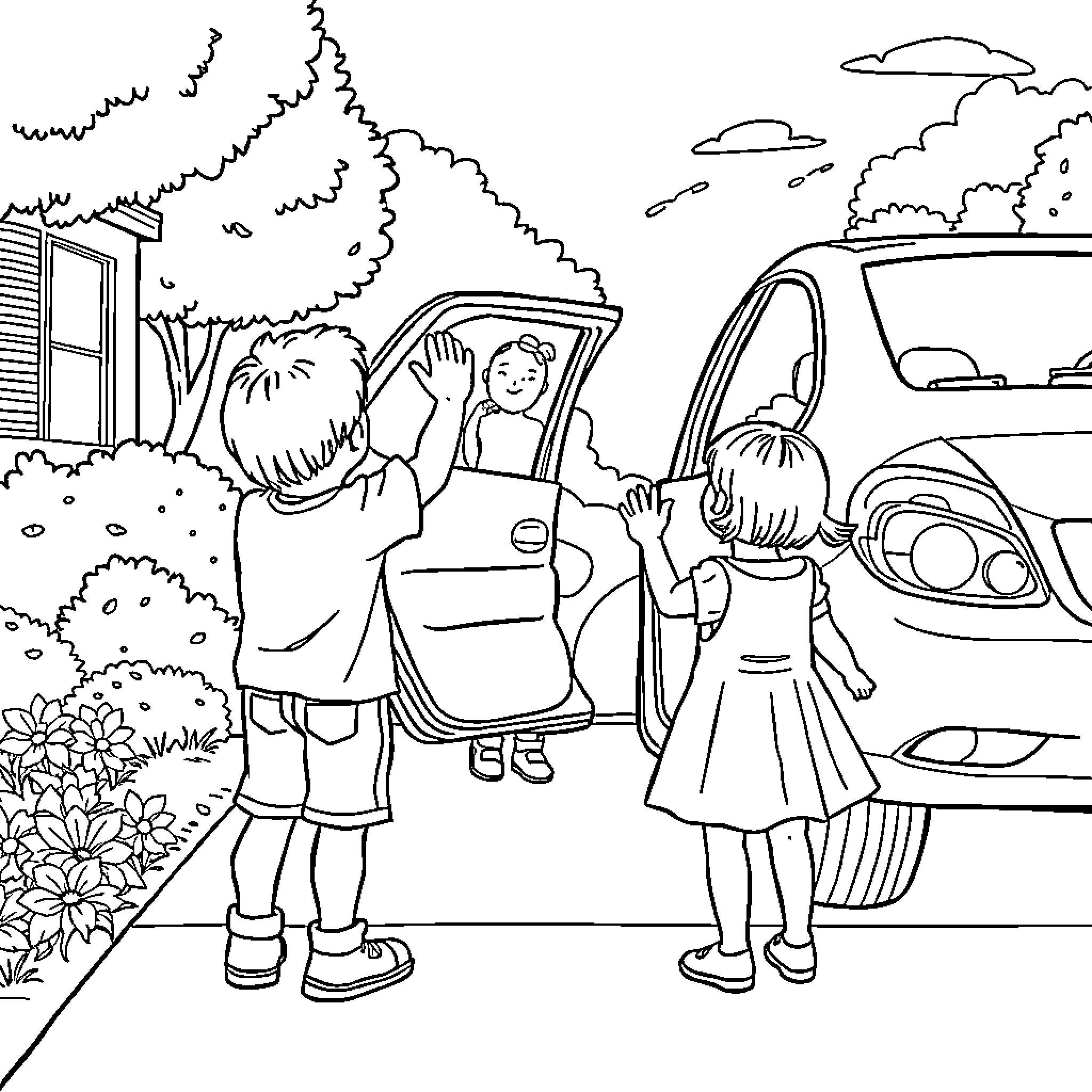 Boy and girl waving goodbye from a car Coloring Page (free black-and-white line drawing printable PDF for all, from beginners to advanced learners, including children, teens, adults, and seniors)