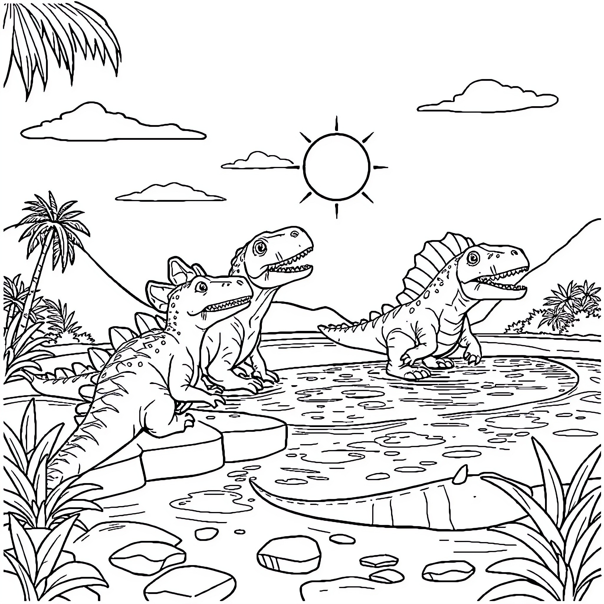 Dinosaurs exploring a tropical landscape Coloring Page (free black-and-white line drawing printable PDF for all, from beginners to advanced learners, including children, teens, adults, and seniors)