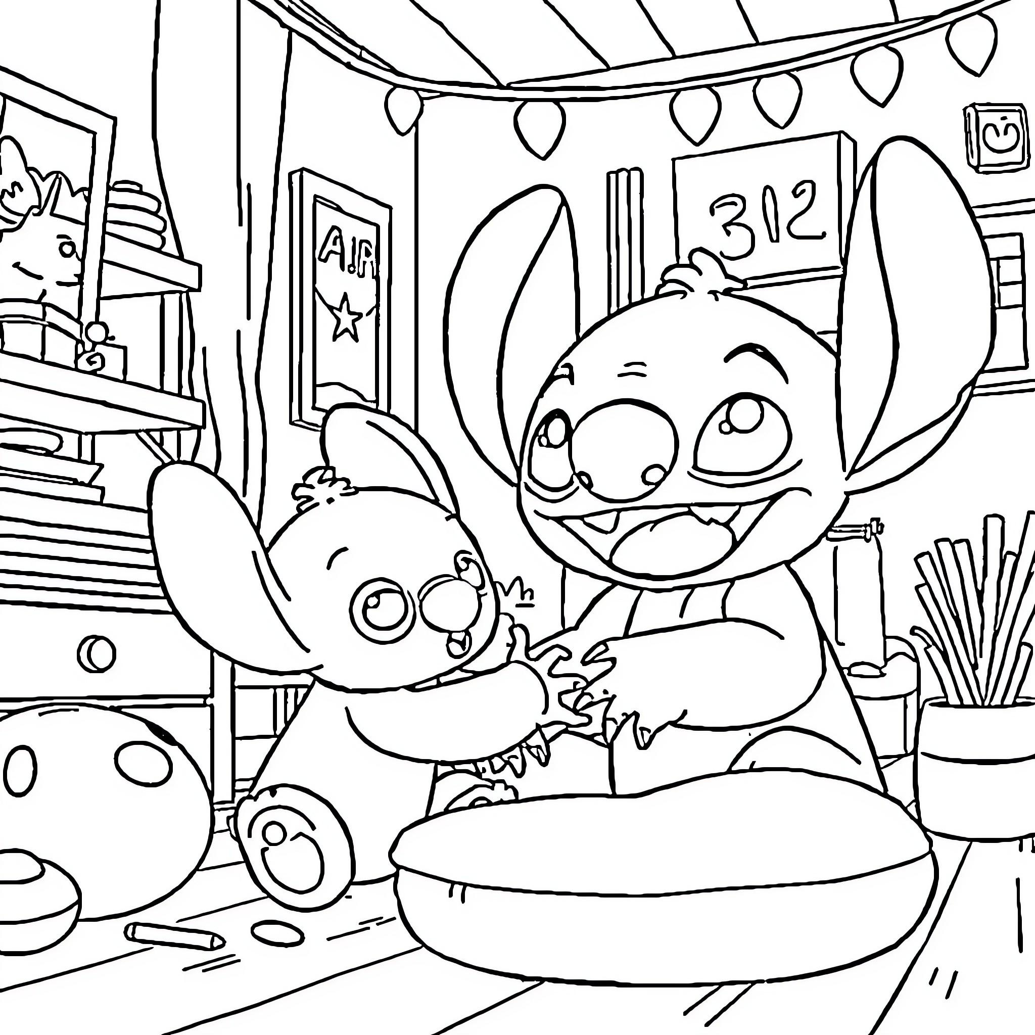 Rumi's Playful Adventure in a Cozy Room Coloring Page (free black-and-white line drawing printable PDF for all, from beginners to advanced learners, including children, teens, adults, and seniors)