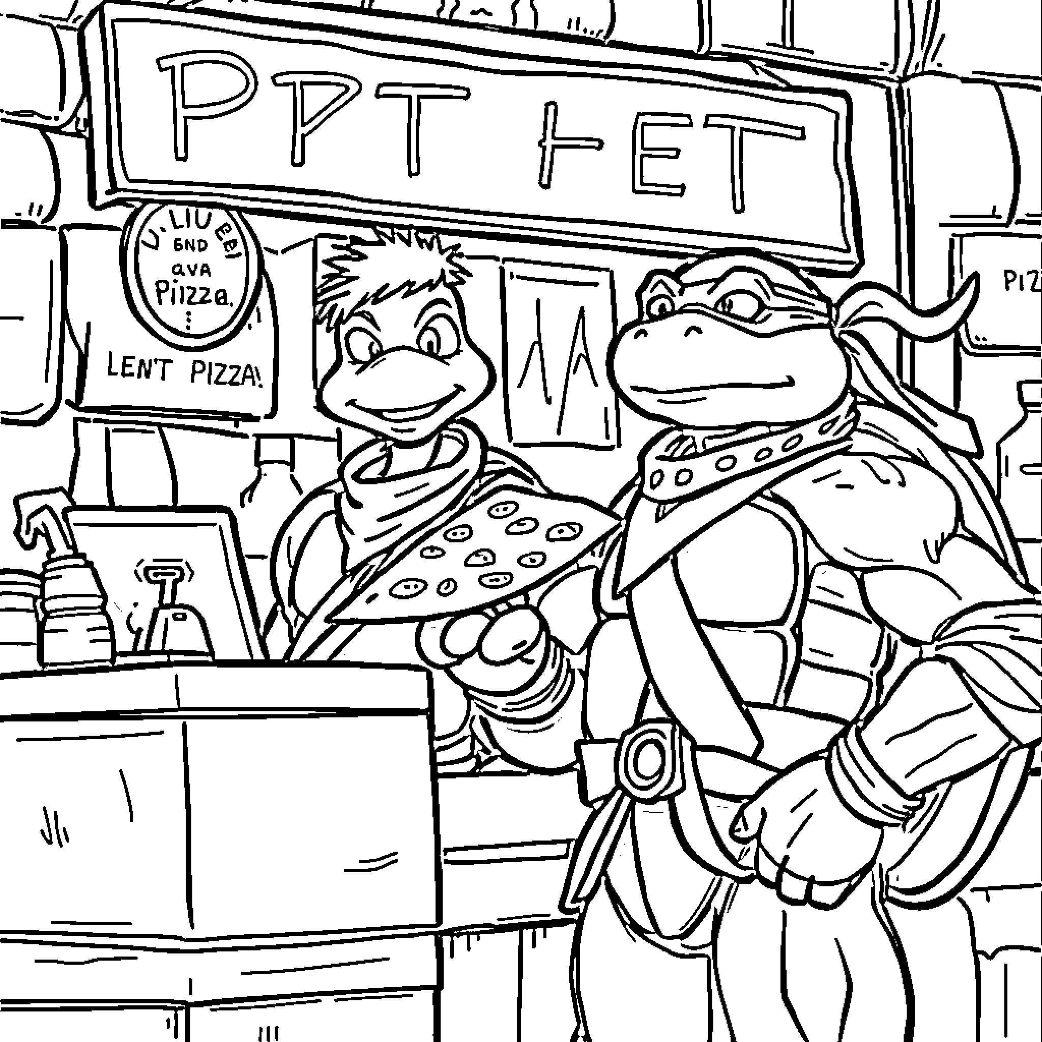 Teenage Mutant Ninja Turtles at a Pizza Parlor Coloring Page (free black-and-white line drawing printable PDF for all, from beginners to advanced learners, including children, teens, adults, and seniors)