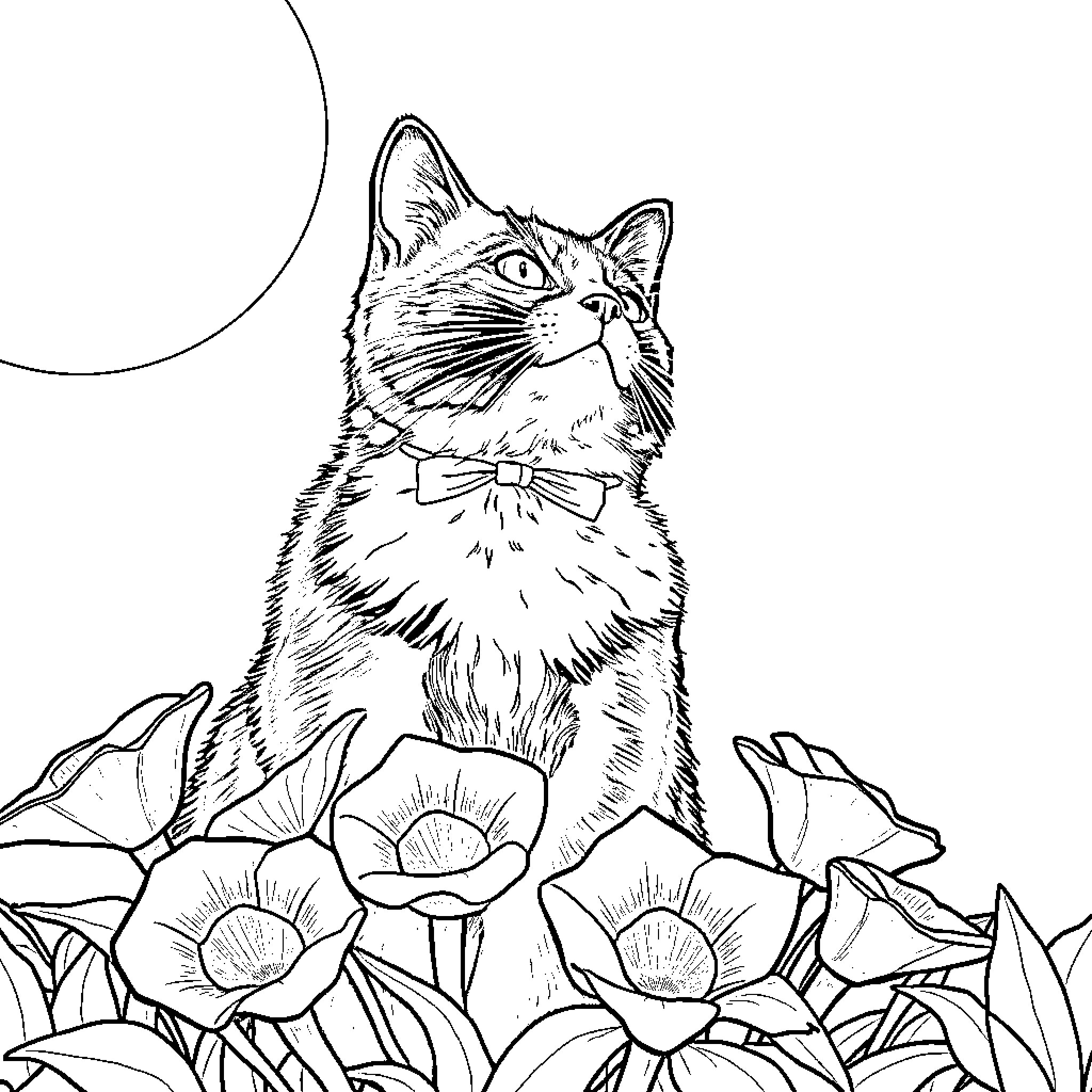 Cat gazing intently in a floral garden Coloring Page (free black-and-white line drawing printable PDF for all, from beginners to advanced learners, including children, teens, adults, and seniors)