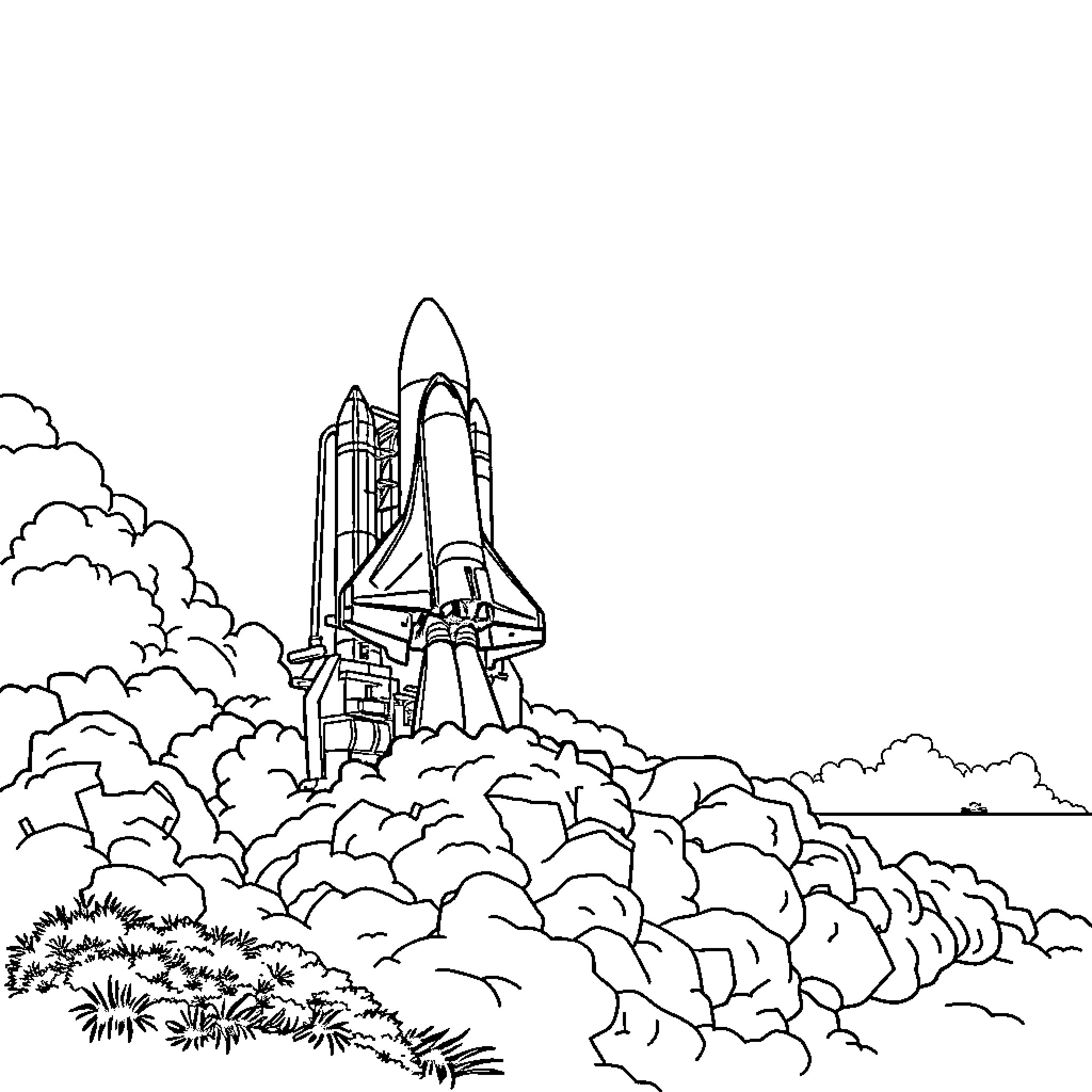 Challenger space shuttle launching into the cloudy sky Coloring Page (free black-and-white line drawing printable PDF for all, from beginners to advanced learners, including children, teens, adults, and seniors)