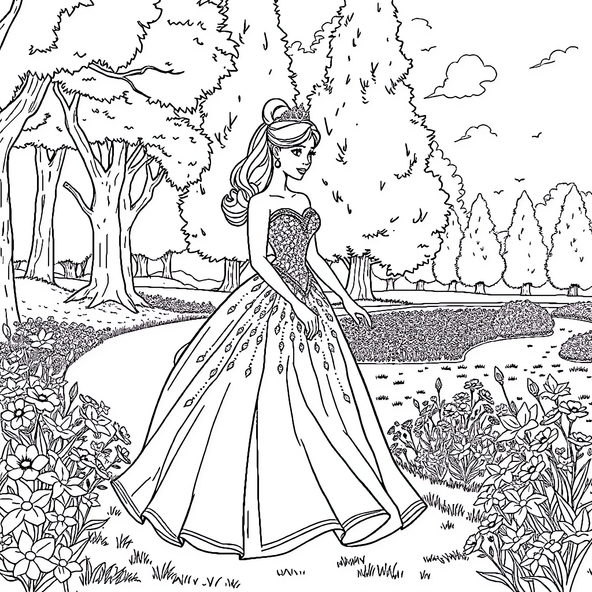 Princess exploring the enchanted forest Coloring Page (free black-and-white line drawing printable PDF for all, from beginners to advanced learners, including children, teens, adults, and seniors)