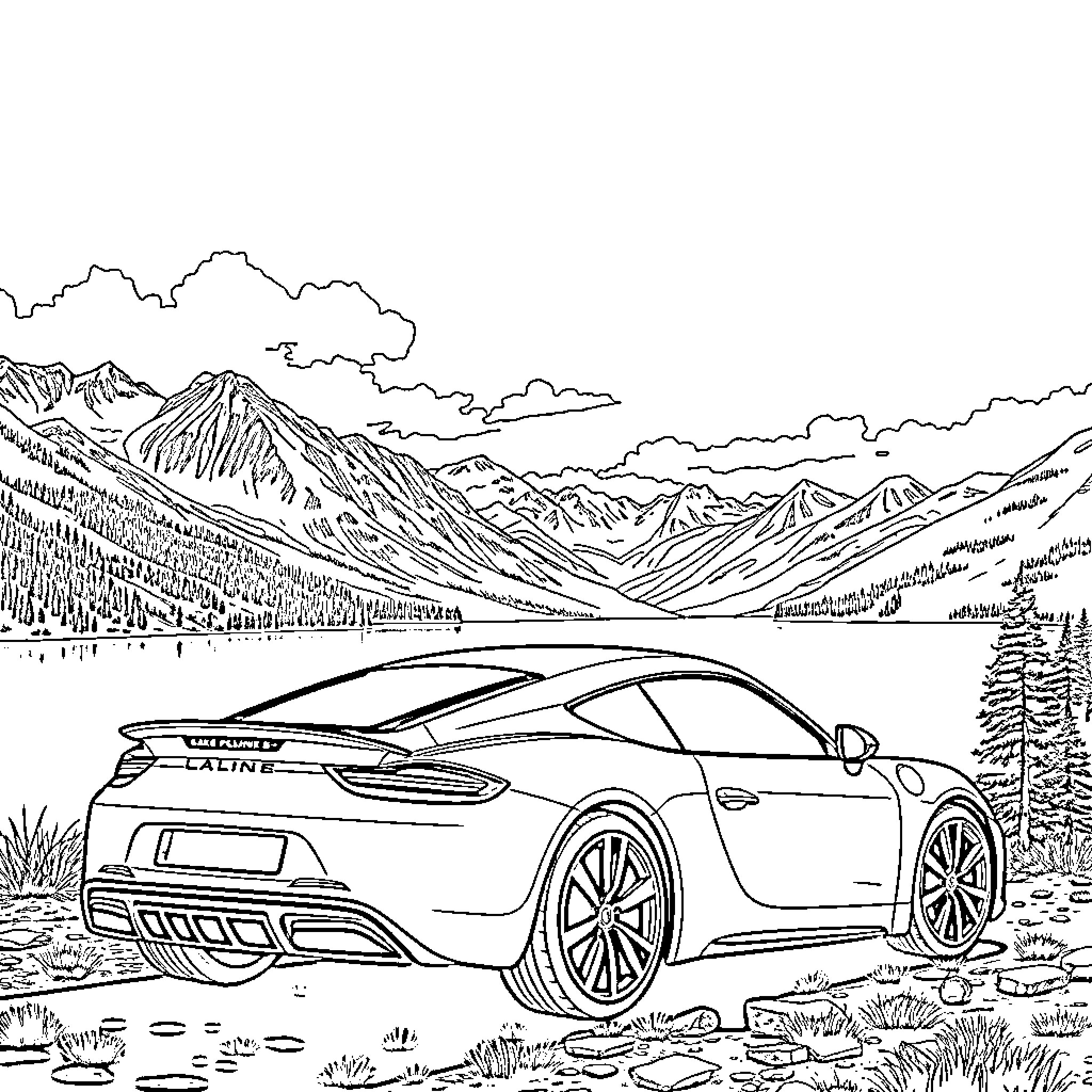 Alpine A110 driving through scenic mountain landscape Coloring Page (free black-and-white line drawing printable PDF for all, from beginners to advanced learners, including children, teens, adults, and seniors)