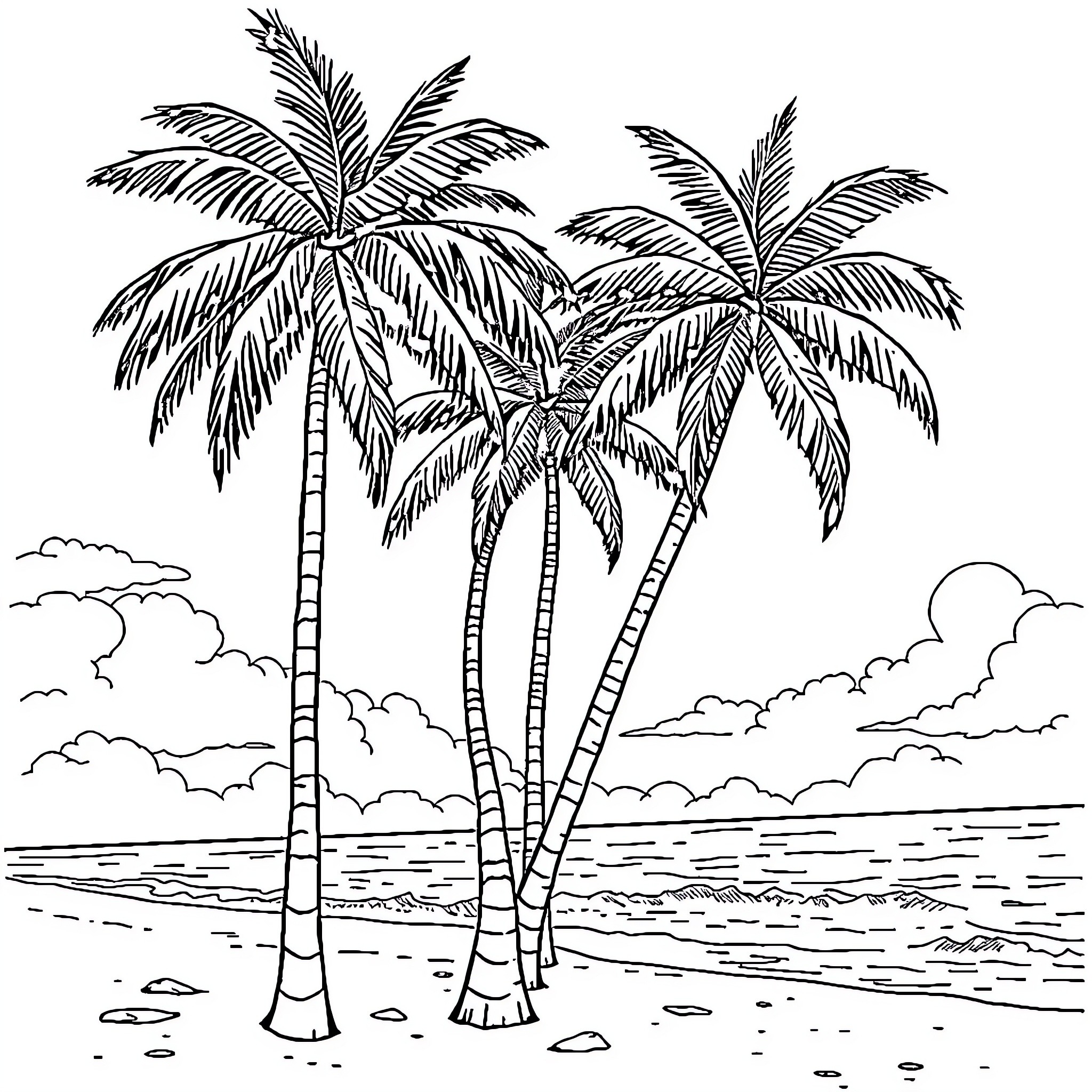 Palm Tree Silhouettes on Tropical Beach Coloring Page (free black-and-white line drawing printable PDF for all, from beginners to advanced learners, including children, teens, adults, and seniors)