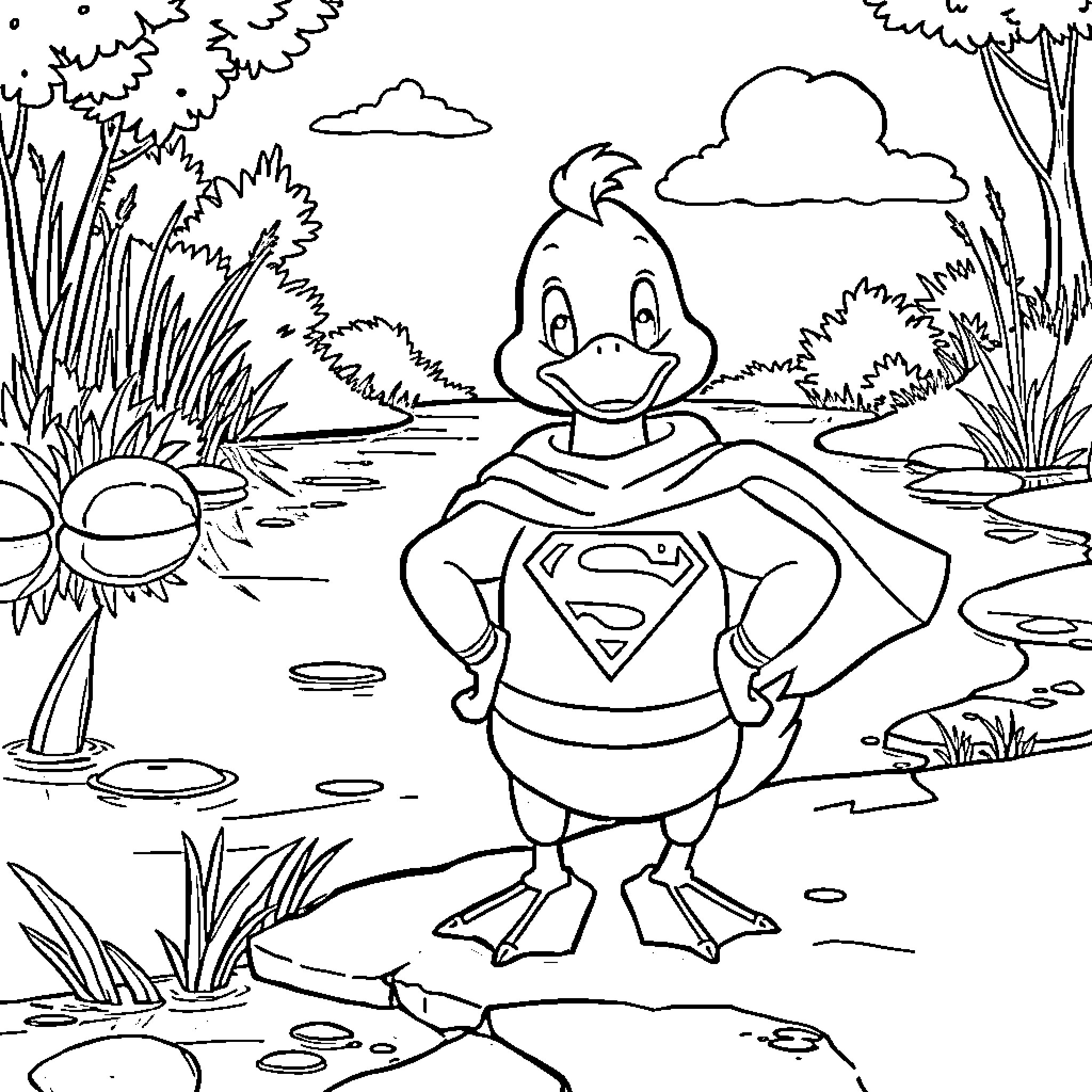 Superman Duck in Nature Landscape Coloring Page (free black-and-white line drawing printable PDF for all, from beginners to advanced learners, including children, teens, adults, and seniors)