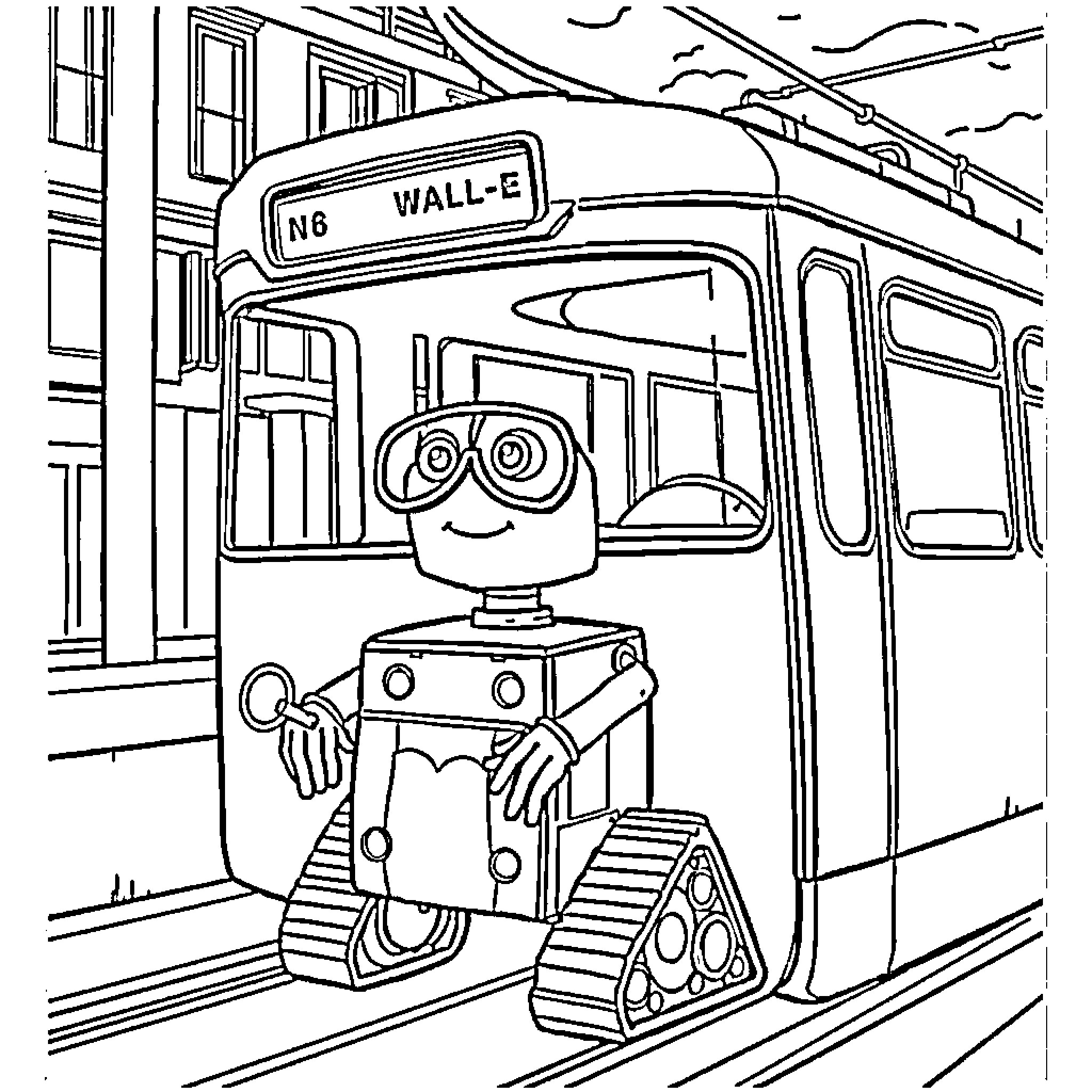 Wall-E on a Relaxing City Stroll Coloring Page (free black-and-white line drawing printable PDF for all, from beginners to advanced learners, including children, teens, adults, and seniors)