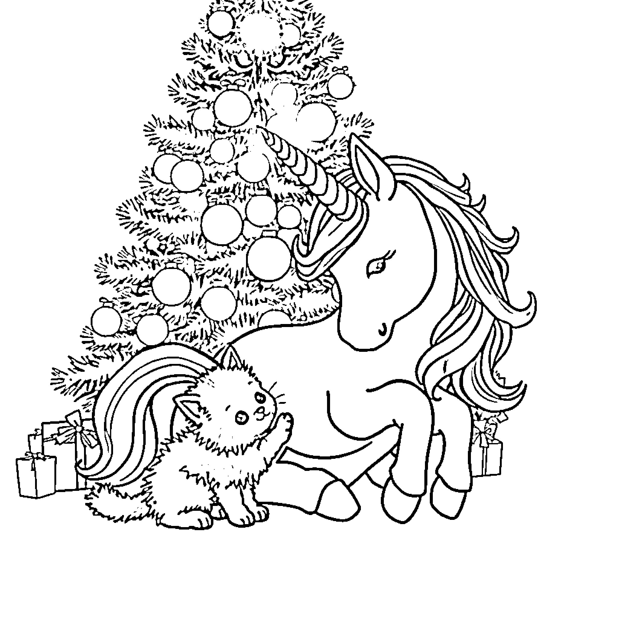 Unicorn and Puppy Celebrating Christmas Coloring Page (free black-and-white line drawing printable PDF for all, from beginners to advanced learners, including children, teens, adults, and seniors)