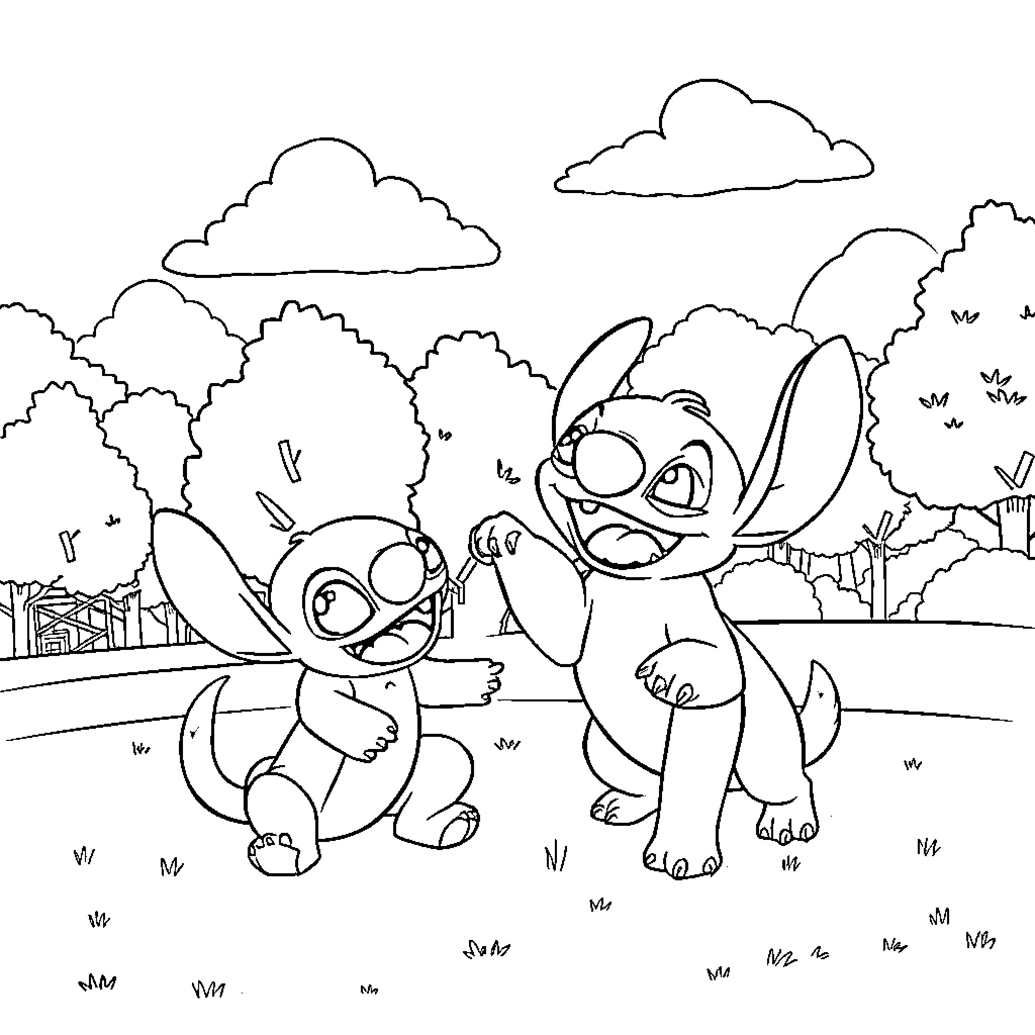 Dogman Cartoon Characters Playing in the Outdoors Coloring Page (free black-and-white line drawing printable PDF for all, from beginners to advanced learners, including children, teens, adults, and seniors)