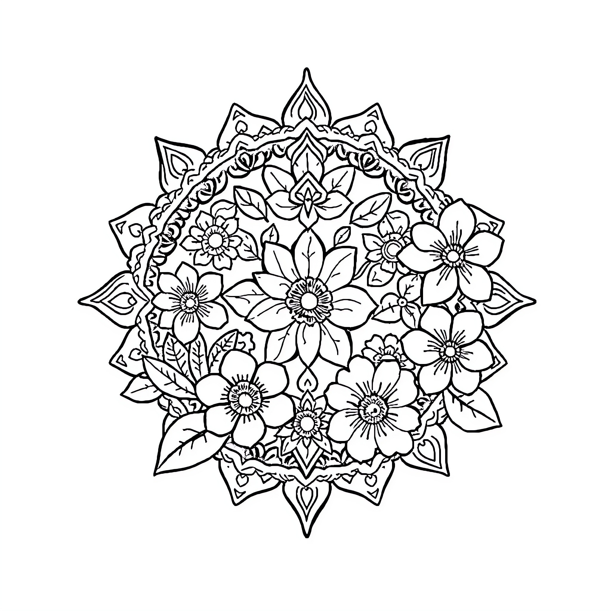 Onam floral mandala with intricate designs Coloring Page (free black-and-white line drawing printable PDF for all, from beginners to advanced learners, including children, teens, adults, and seniors)