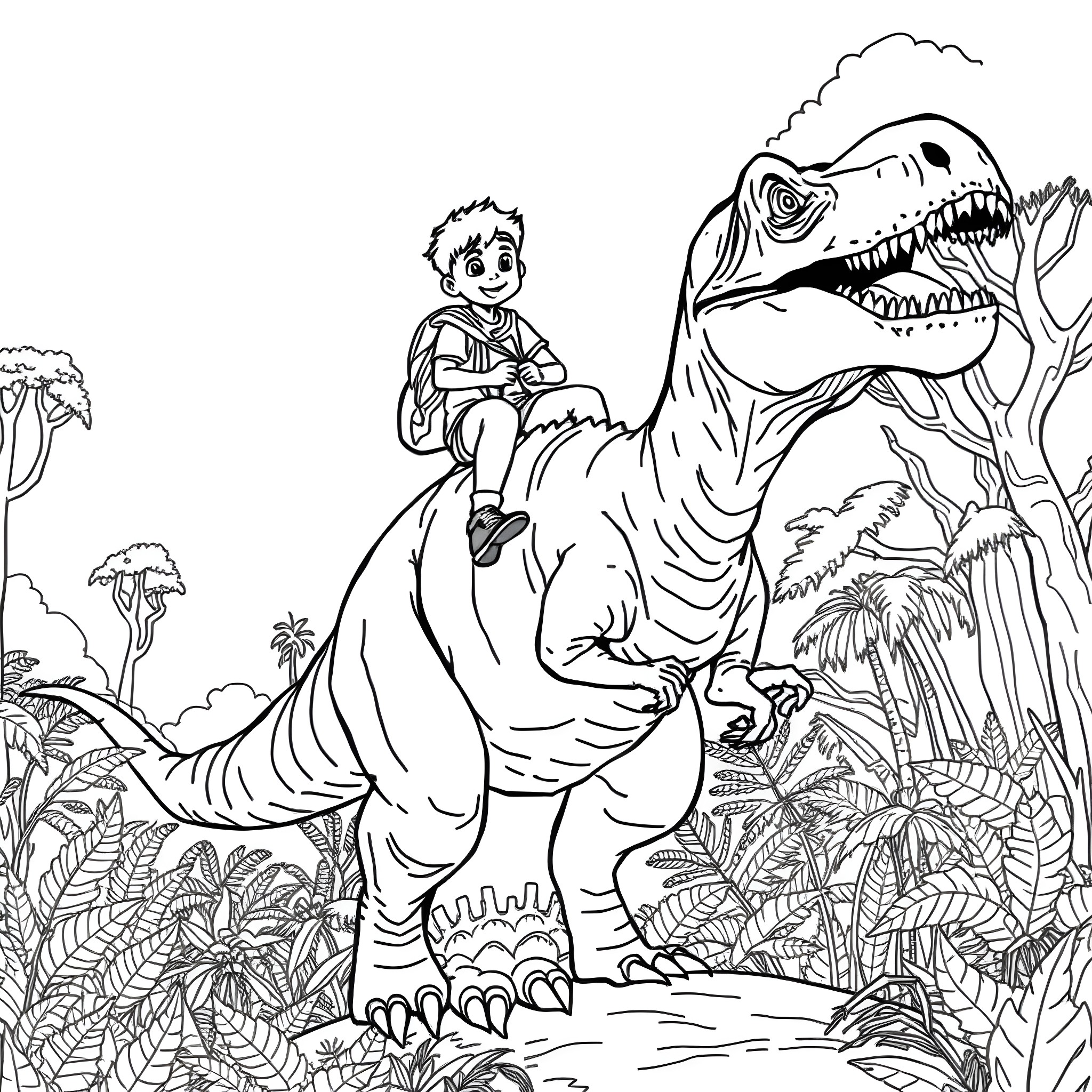 Boy sitting on a fearsome dinosaur in the jungle Coloring Page (free black-and-white line drawing printable PDF for all, from beginners to advanced learners, including children, teens, adults, and seniors)