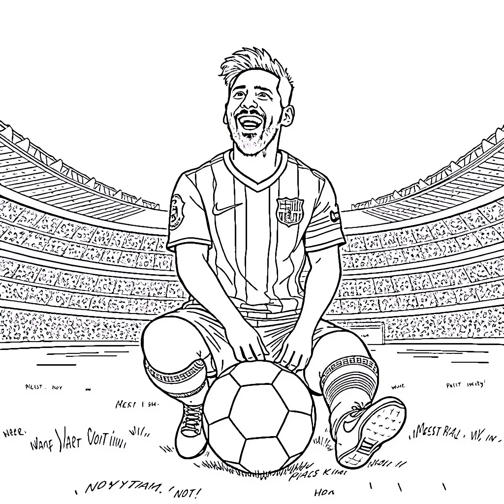 Messi celebrating on the soccer field Coloring Page (free black-and-white line drawing printable PDF for all, from beginners to advanced learners, including children, teens, adults, and seniors)