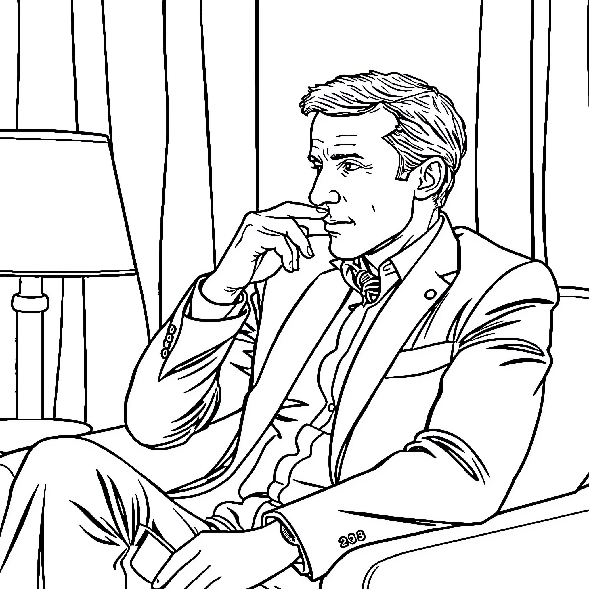 Emanuel Macron Contemplating in His Office Coloring Page (free black-and-white line drawing printable PDF for all, from beginners to advanced learners, including children, teens, adults, and seniors)