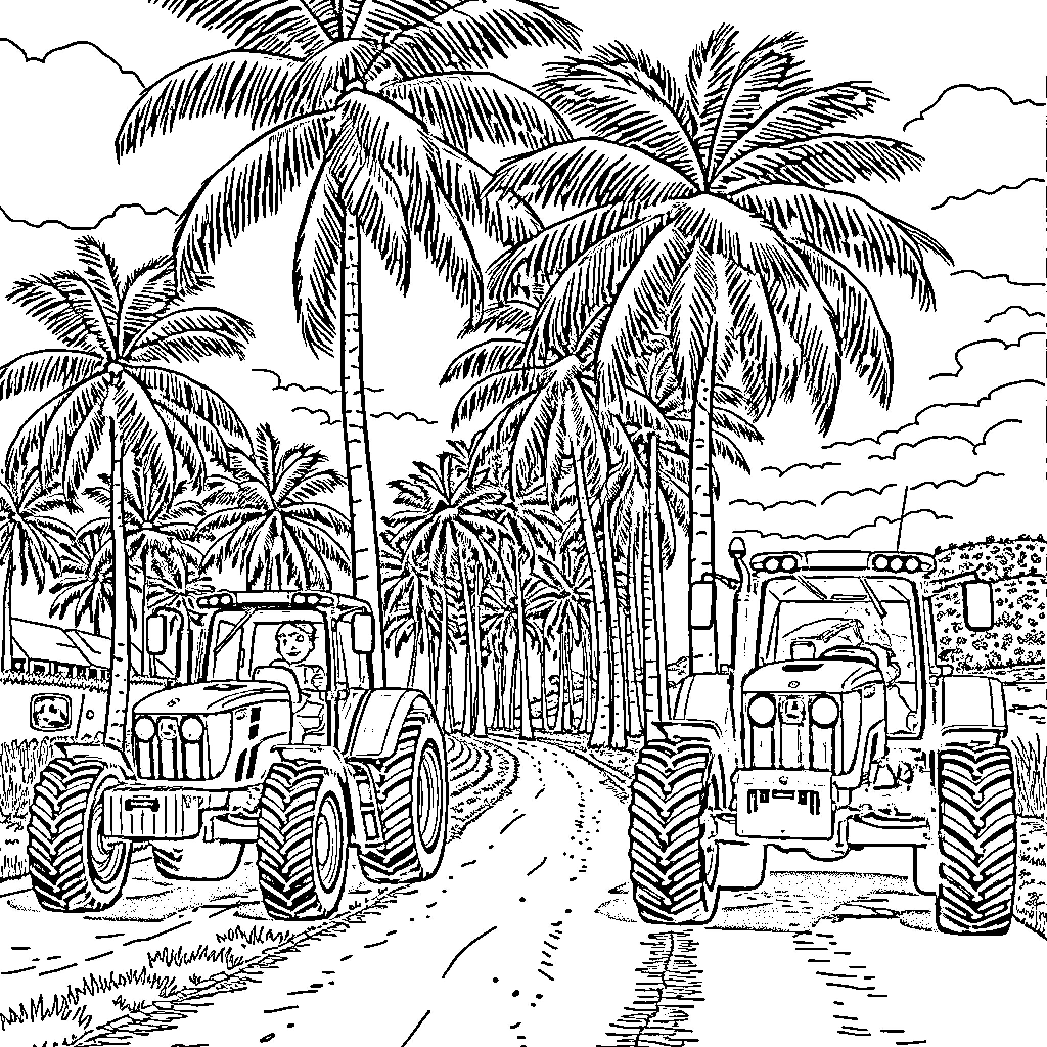 Palm Tree Village Tractor Adventure Coloring Page (free black-and-white line drawing printable PDF for all, from beginners to advanced learners, including children, teens, adults, and seniors)