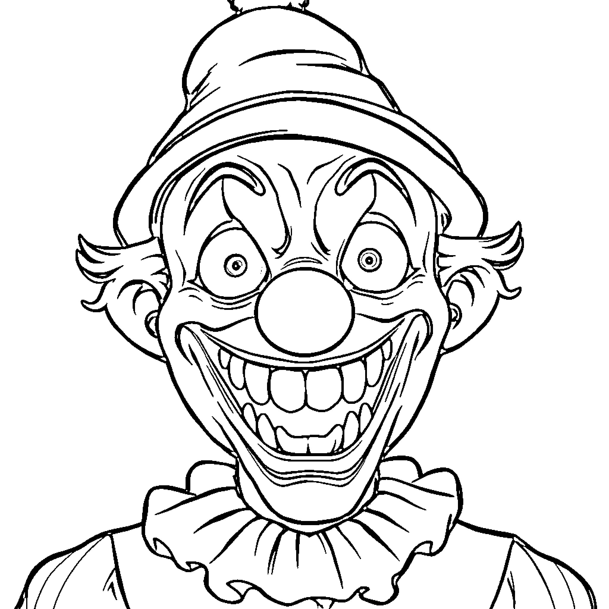 Clown with an exaggerated grin and goofy expression Coloring Page (free black-and-white line drawing printable PDF for all, from beginners to advanced learners, including children, teens, adults, and seniors)