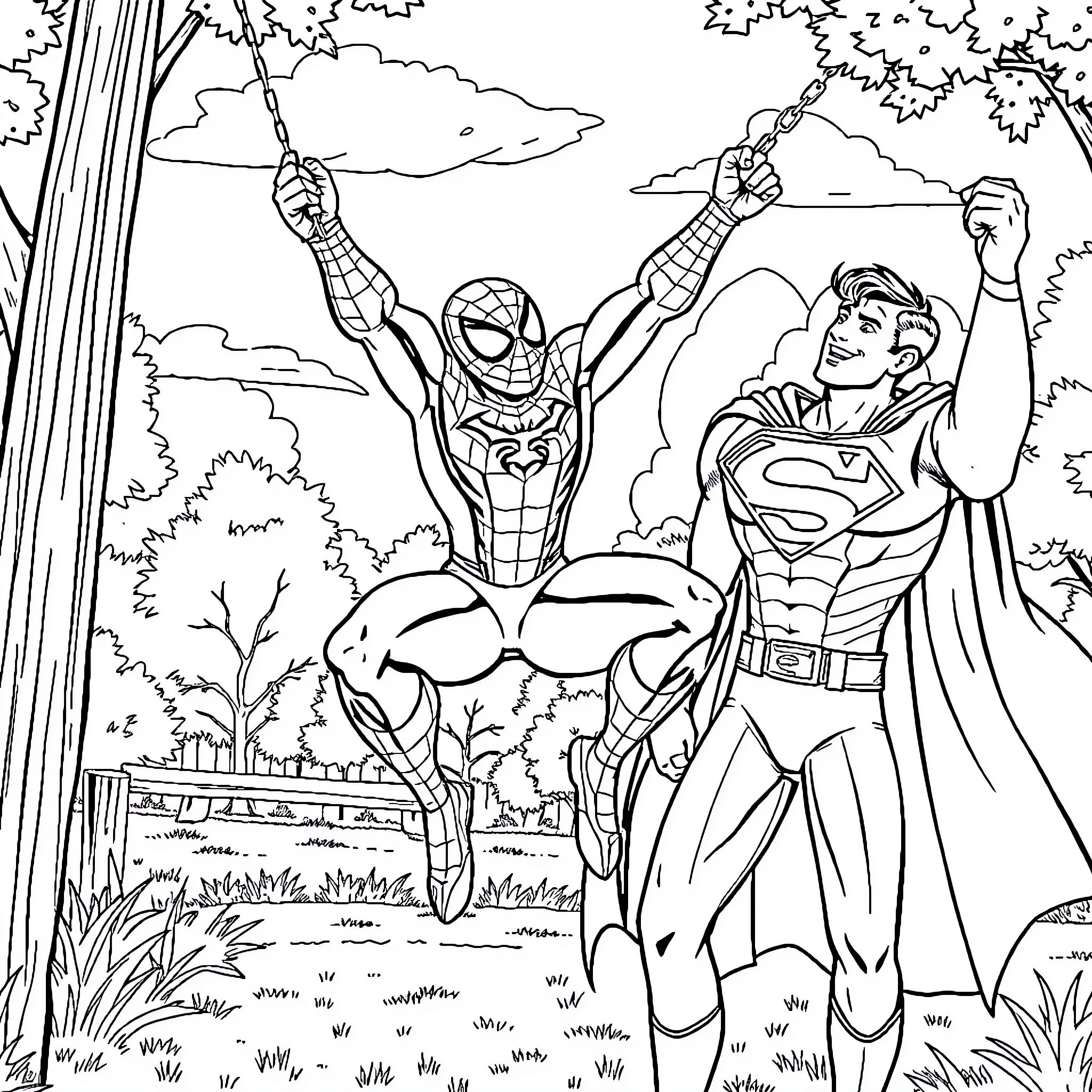 Spiderman and Superman in action-packed adventure Coloring Page (free black-and-white line drawing printable PDF for all, from beginners to advanced learners, including children, teens, adults, and seniors)