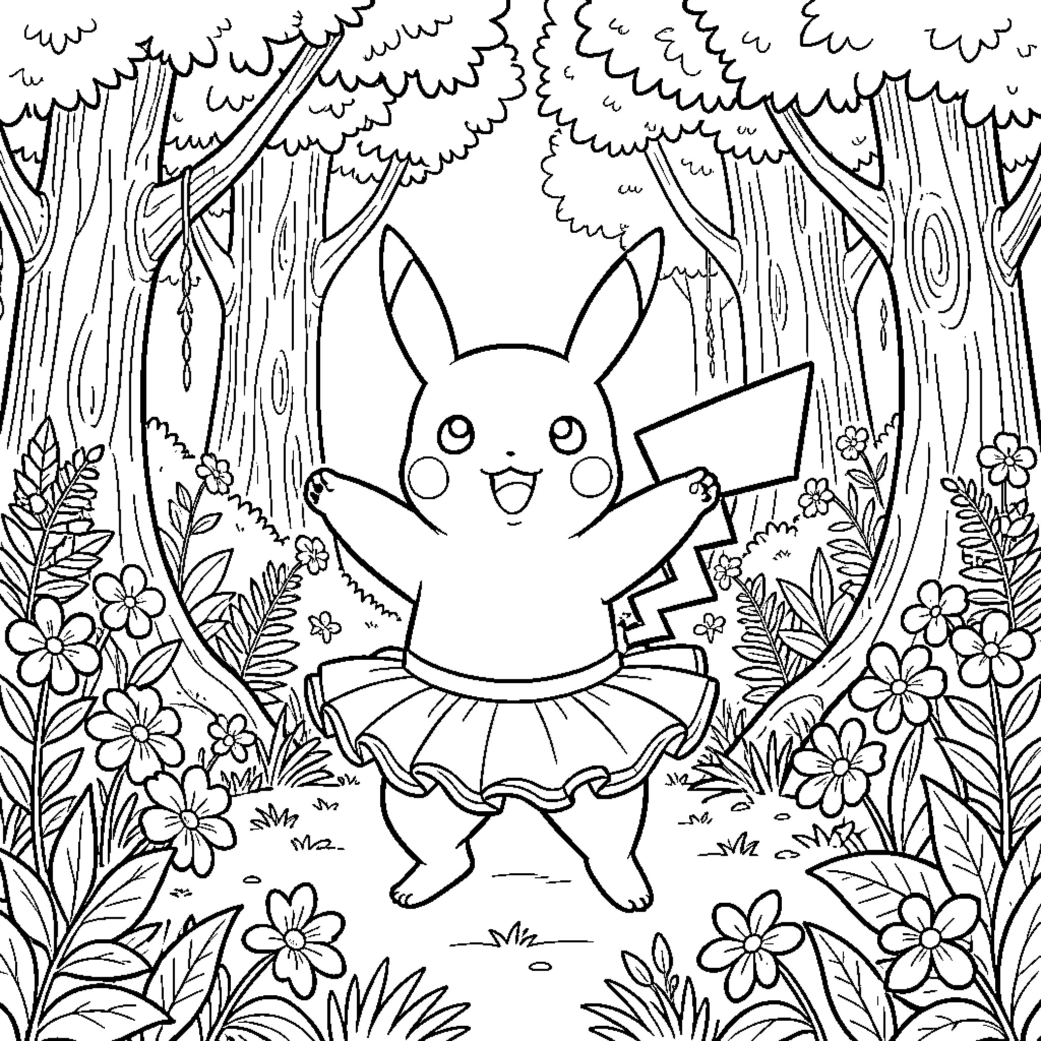 Pikachu dancing joyfully in the enchanted forest Coloring Page (free black-and-white line drawing printable PDF for all, from beginners to advanced learners, including children, teens, adults, and seniors)