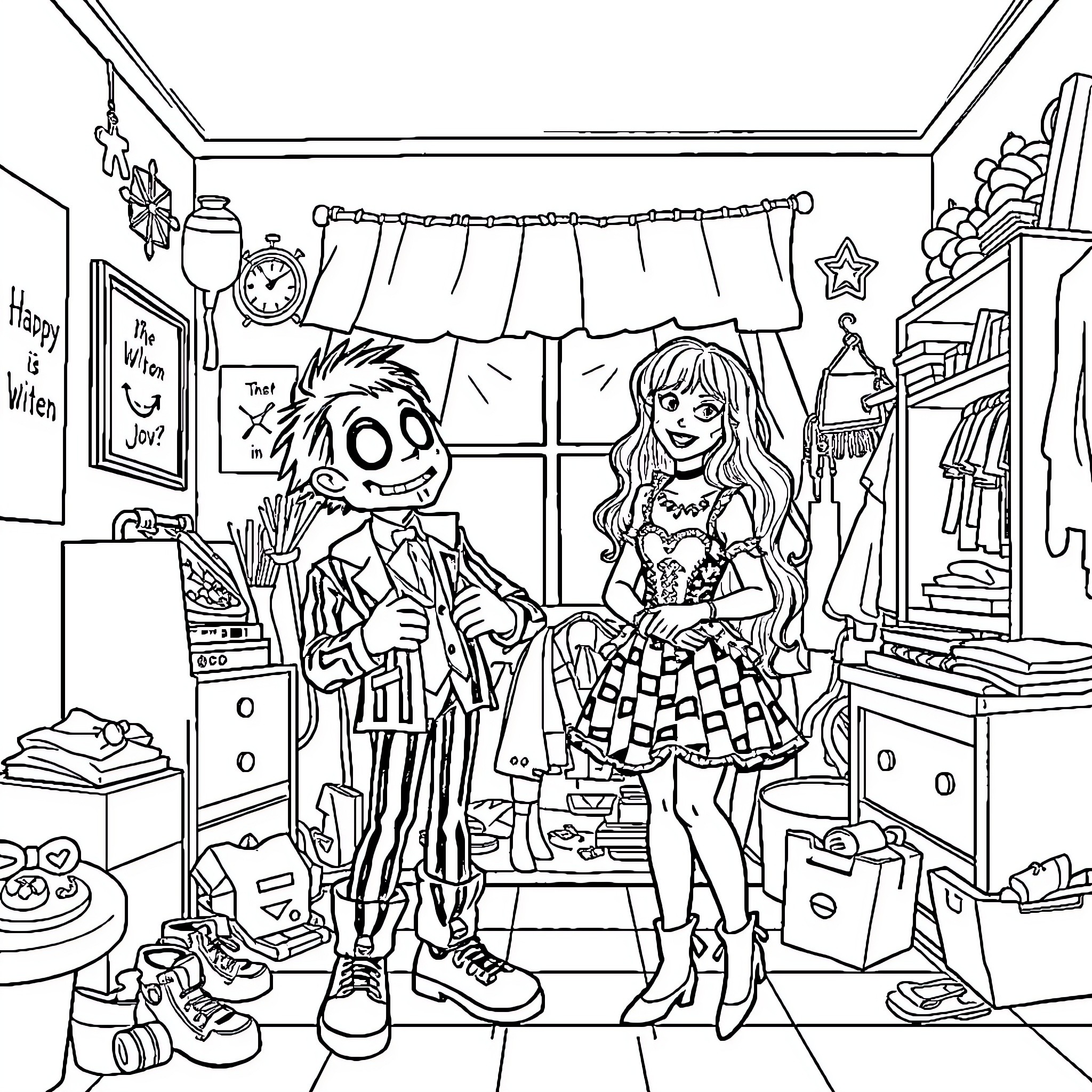 Jeff's Quirky Costume Party Adventure Coloring Page (free black-and-white line drawing printable PDF for all, from beginners to advanced learners, including children, teens, adults, and seniors)