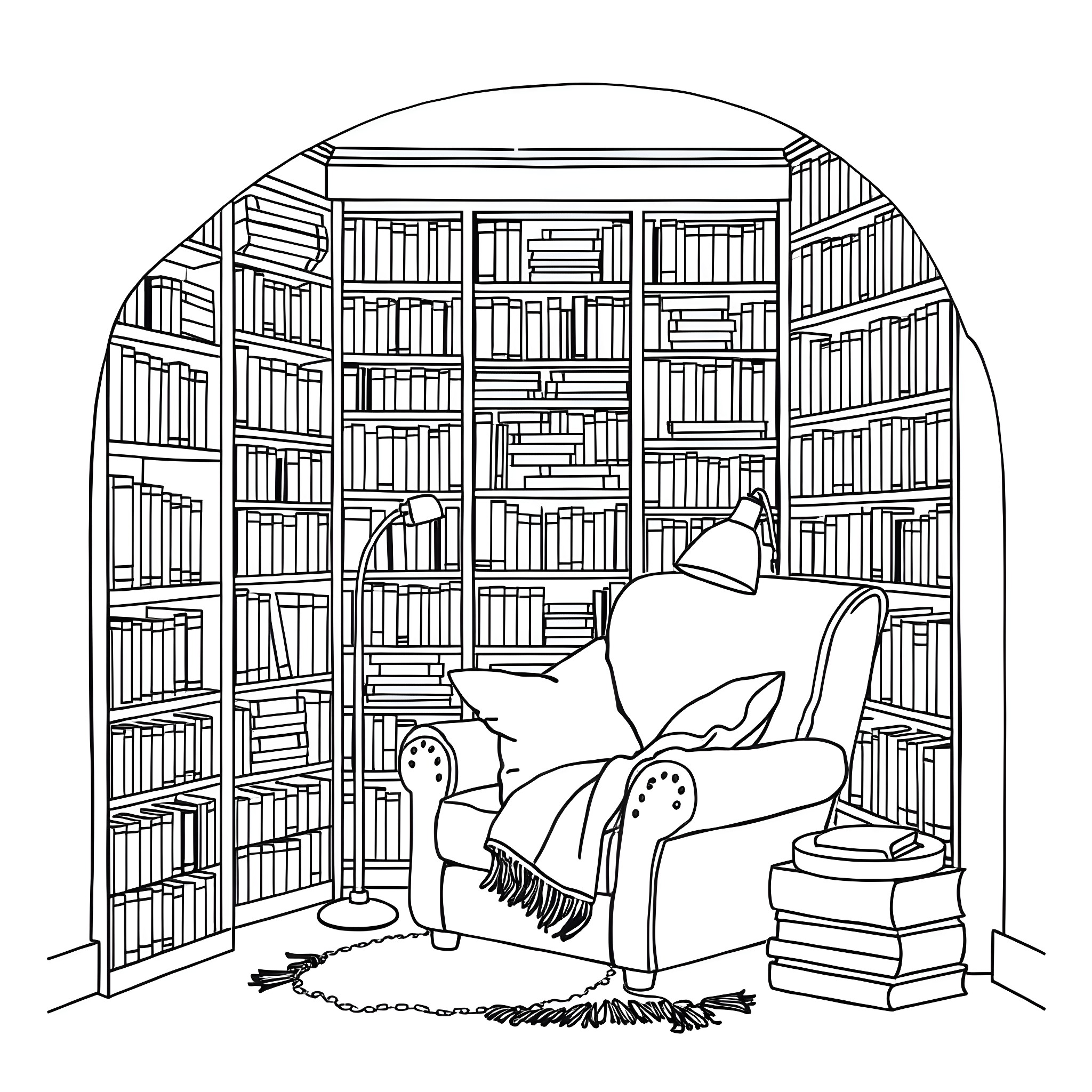 Reading Nook in a Cozy Library Coloring Page (free black-and-white line drawing printable PDF for all, from beginners to advanced learners, including children, teens, adults, and seniors)