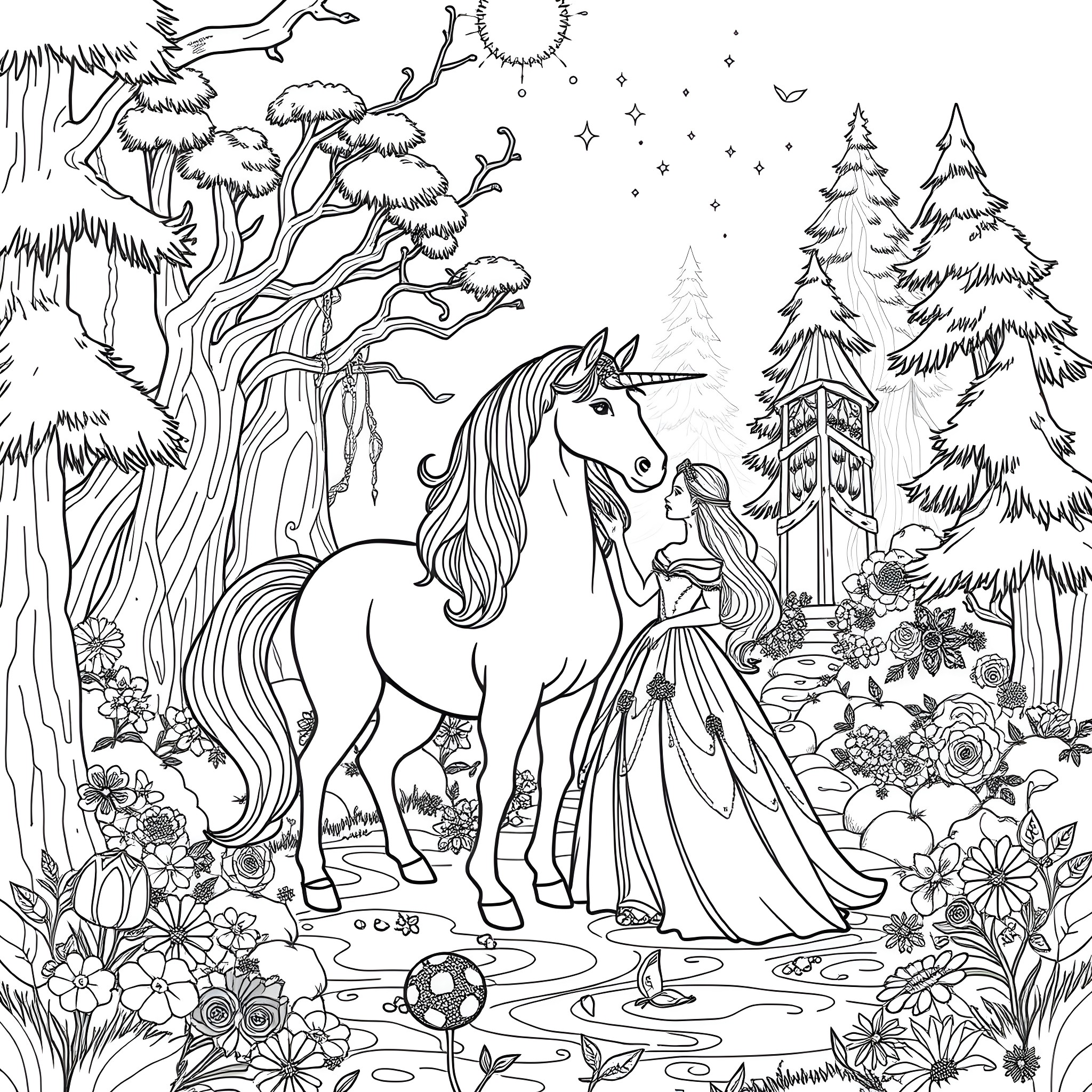 Unicorn and princess in enchanted winter forest Coloring Page (free black-and-white line drawing printable PDF for all, from beginners to advanced learners, including children, teens, adults, and seniors)