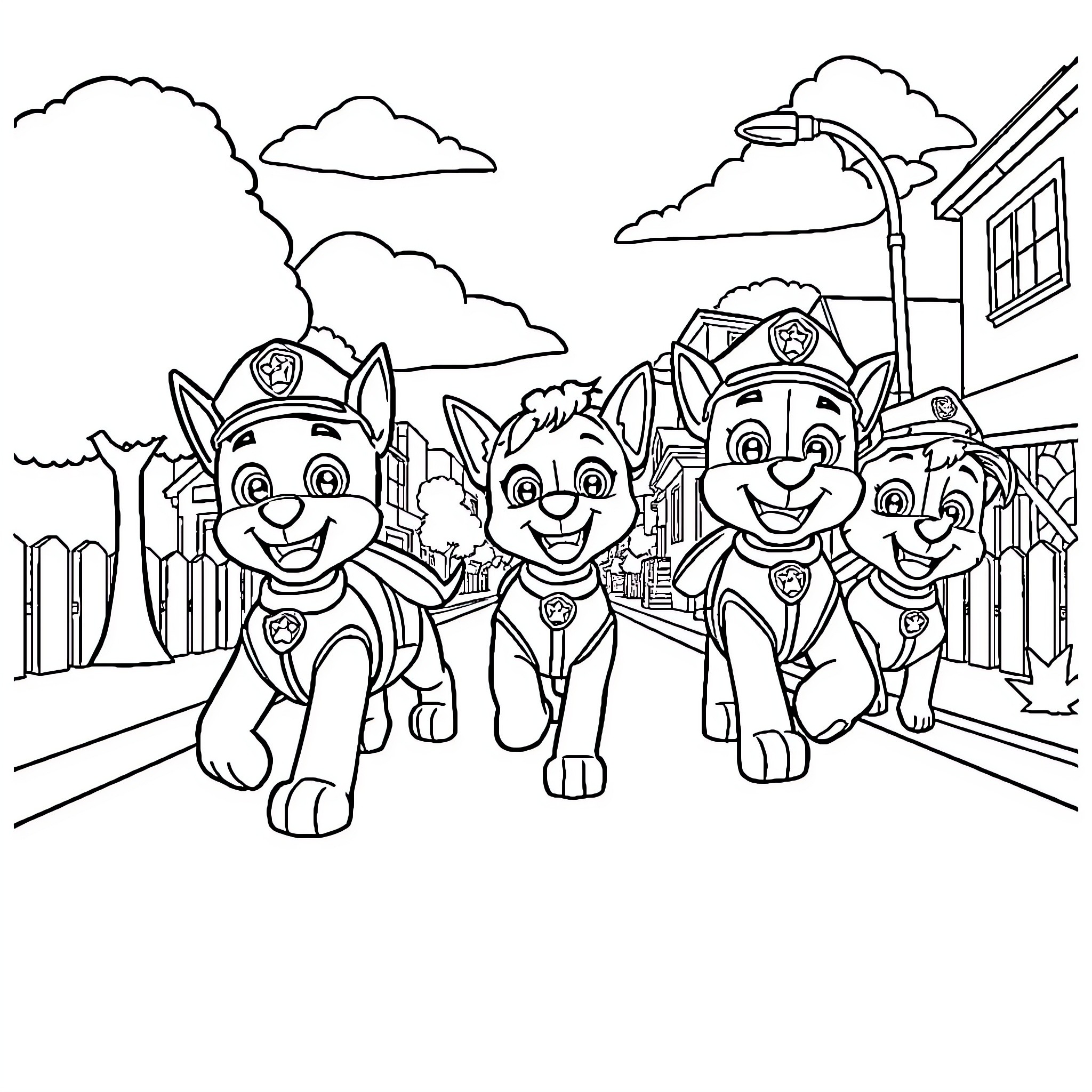 Paw Patrol puppies on patrol in the town Coloring Page (free black-and-white line drawing printable PDF for all, from beginners to advanced learners, including children, teens, adults, and seniors)