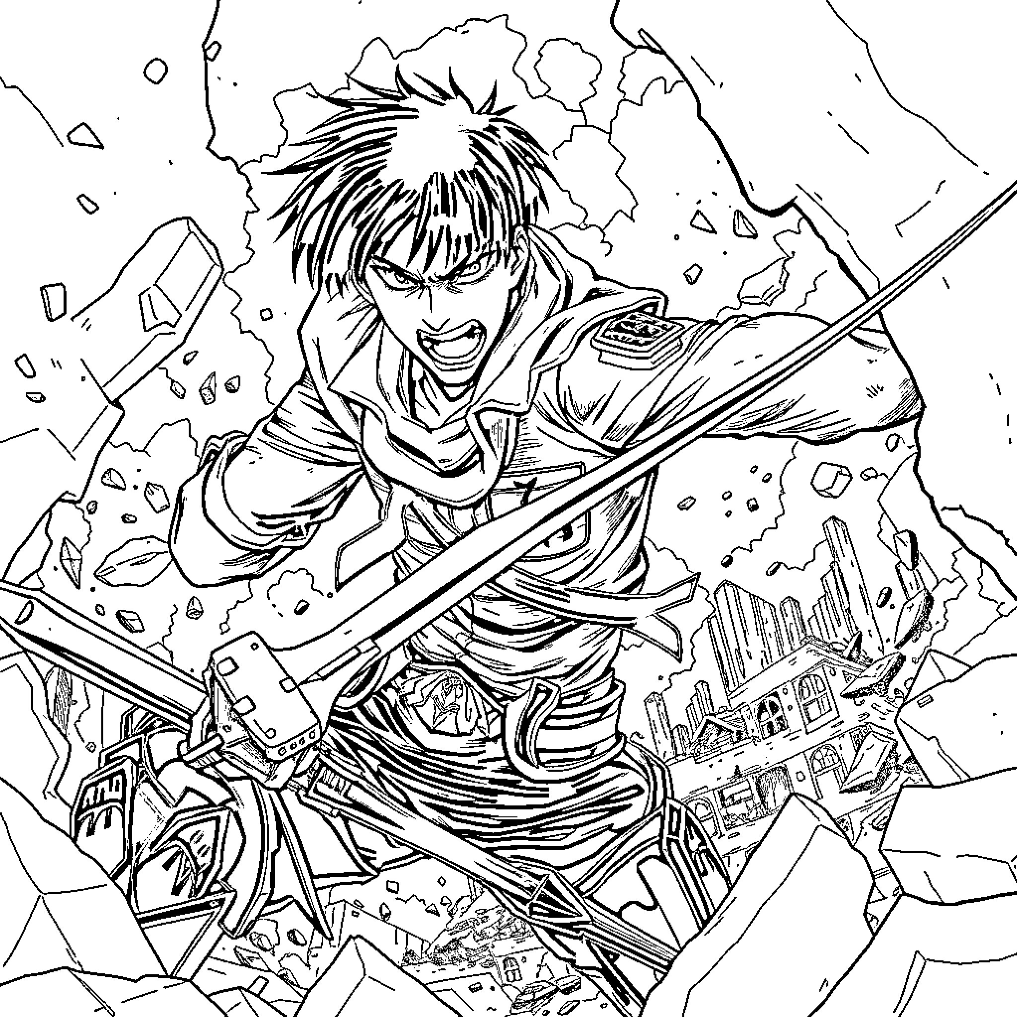 Eren's Fierce Battle Amidst Destruction Coloring Page (free black-and-white line drawing printable PDF for all, from beginners to advanced learners, including children, teens, adults, and seniors)