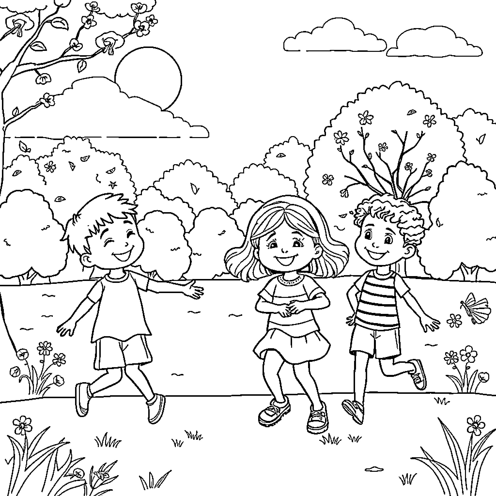 Children playing happily in the park Coloring Page (free black-and-white line drawing printable PDF for all, from beginners to advanced learners, including children, teens, adults, and seniors)