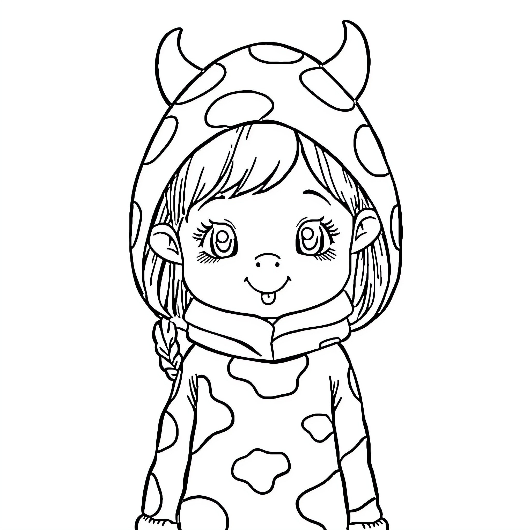 Girl in adorable monster costume Coloring Page (free black-and-white line drawing printable PDF for all, from beginners to advanced learners, including children, teens, adults, and seniors)