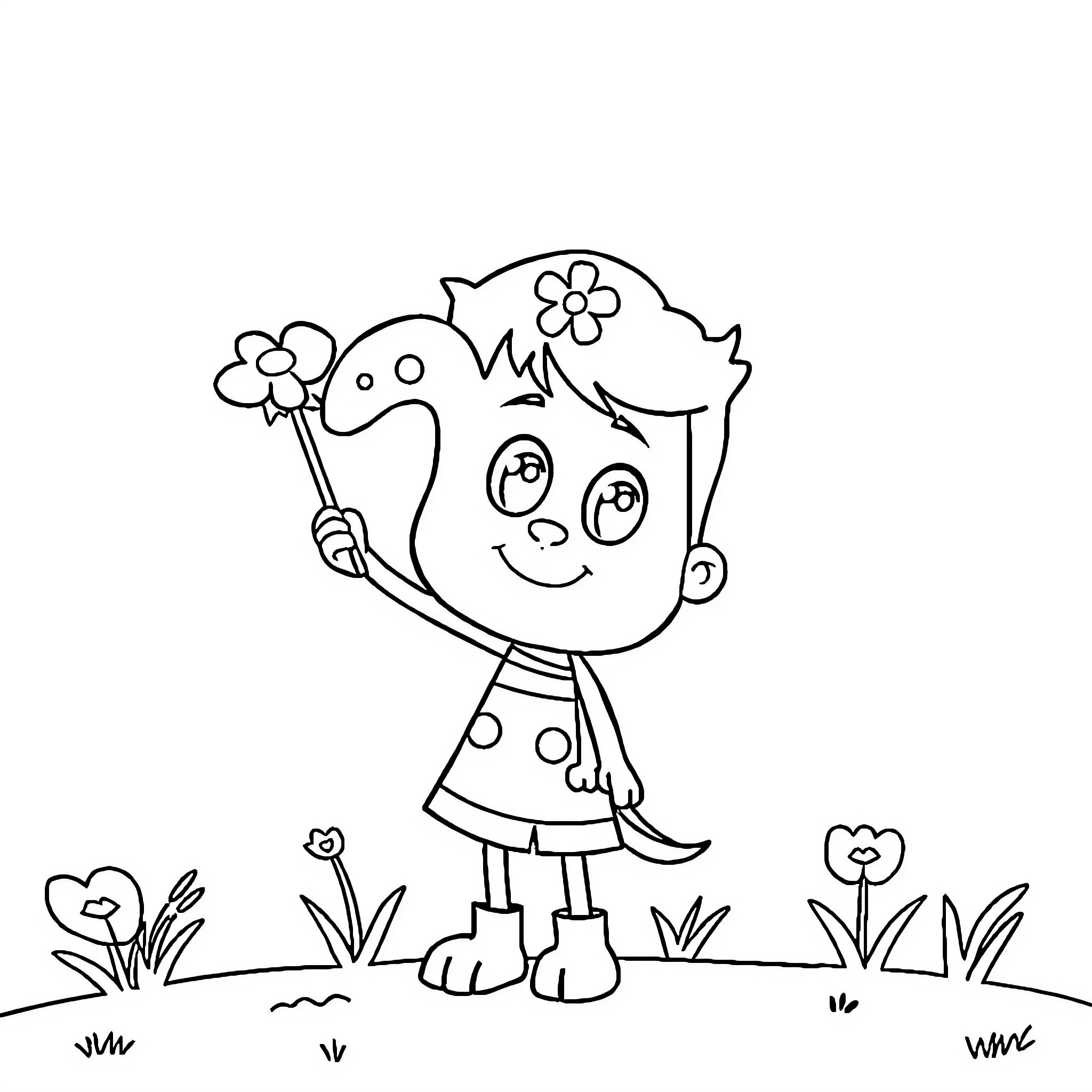 Education activity with smiling child and flowers Coloring Page (free black-and-white line drawing printable PDF for all, from beginners to advanced learners, including children, teens, adults, and seniors)