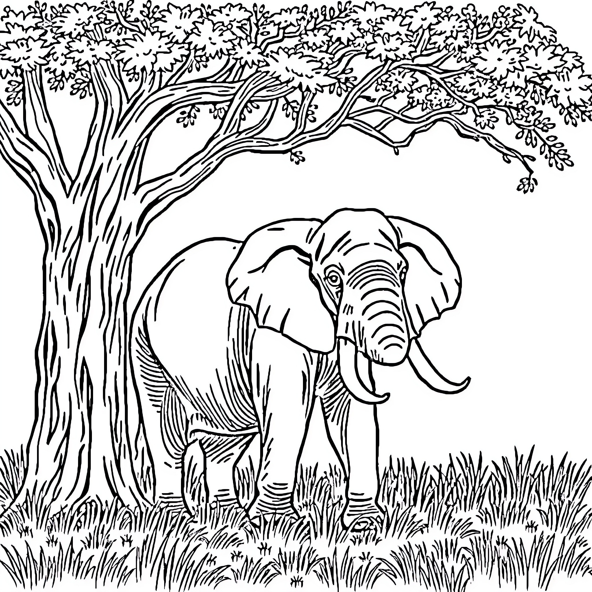 Elephant standing under a large tree Coloring Page (free black-and-white line drawing printable PDF for all, from beginners to advanced learners, including children, teens, adults, and seniors)