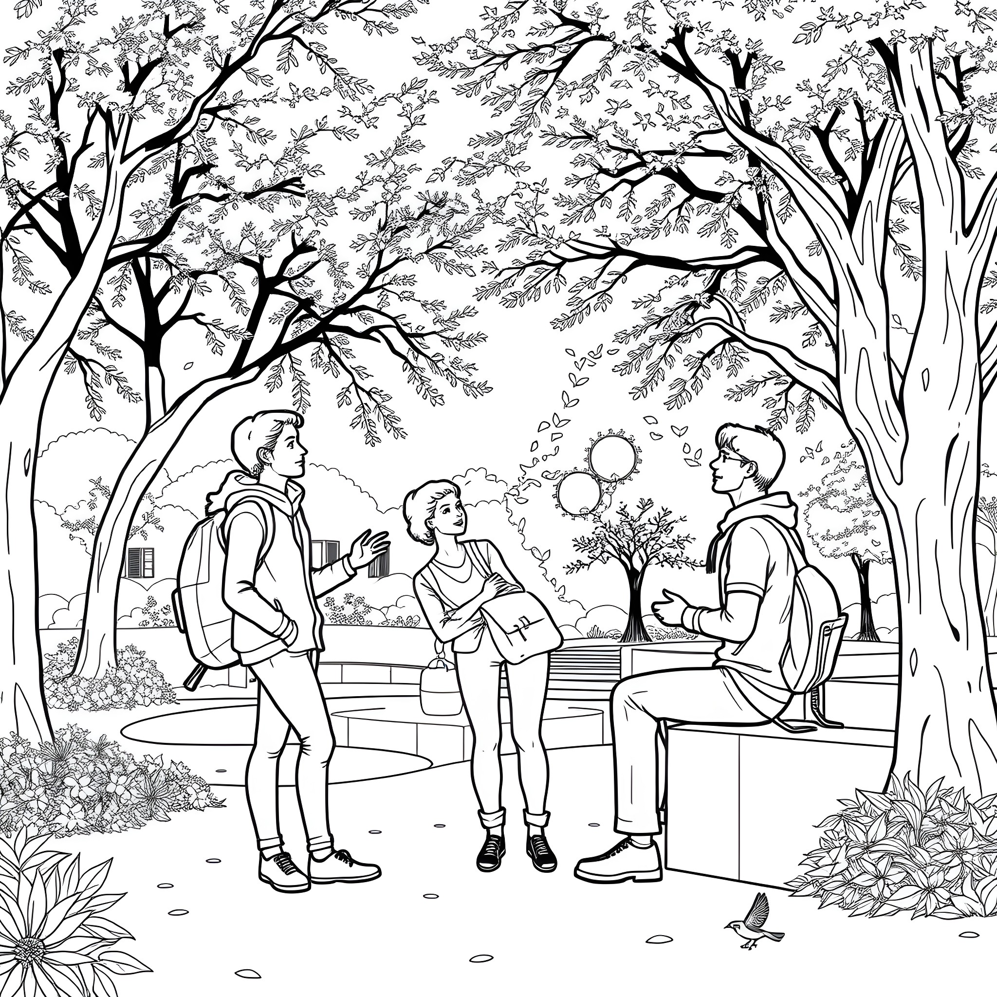 Person enjoying conversation in park with friends Coloring Page (free black-and-white line drawing printable PDF for all, from beginners to advanced learners, including children, teens, adults, and seniors)