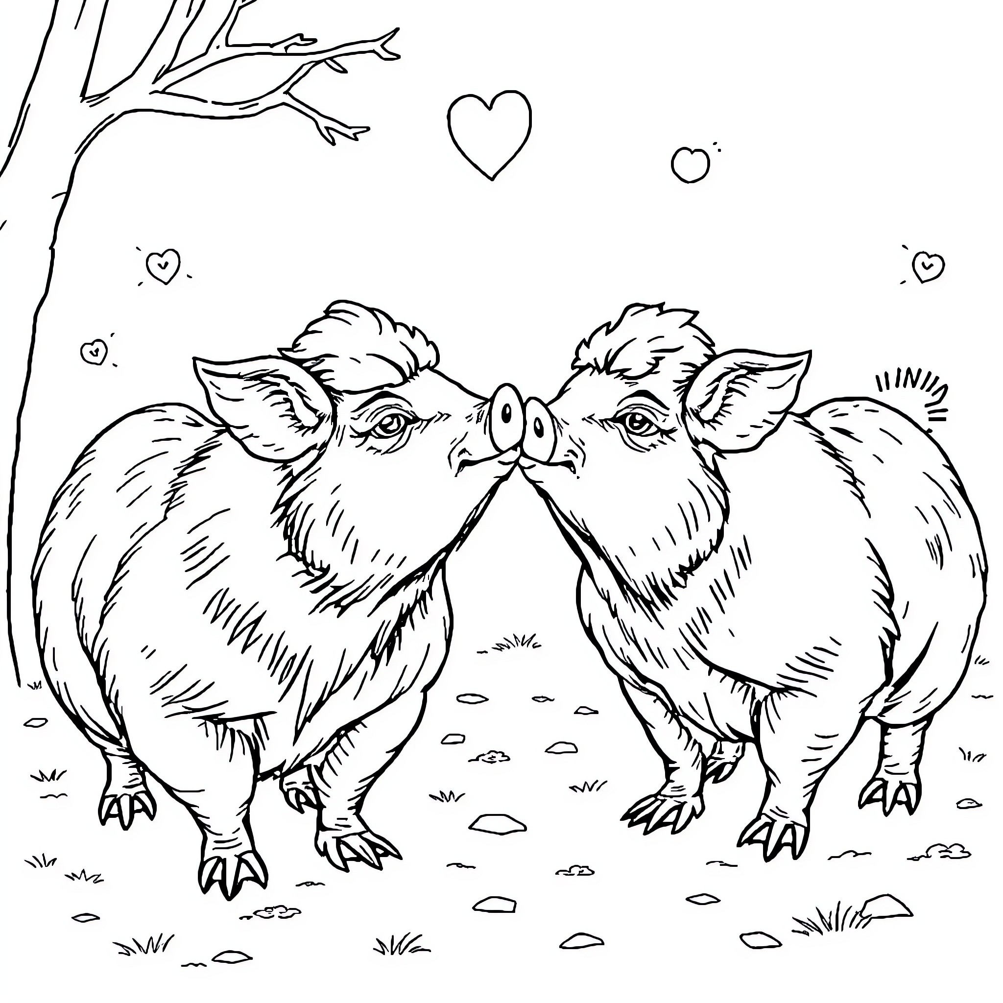 Guinea Pigs in Loving Embrace Coloring Page (free black-and-white line drawing printable PDF for all, from beginners to advanced learners, including children, teens, adults, and seniors)