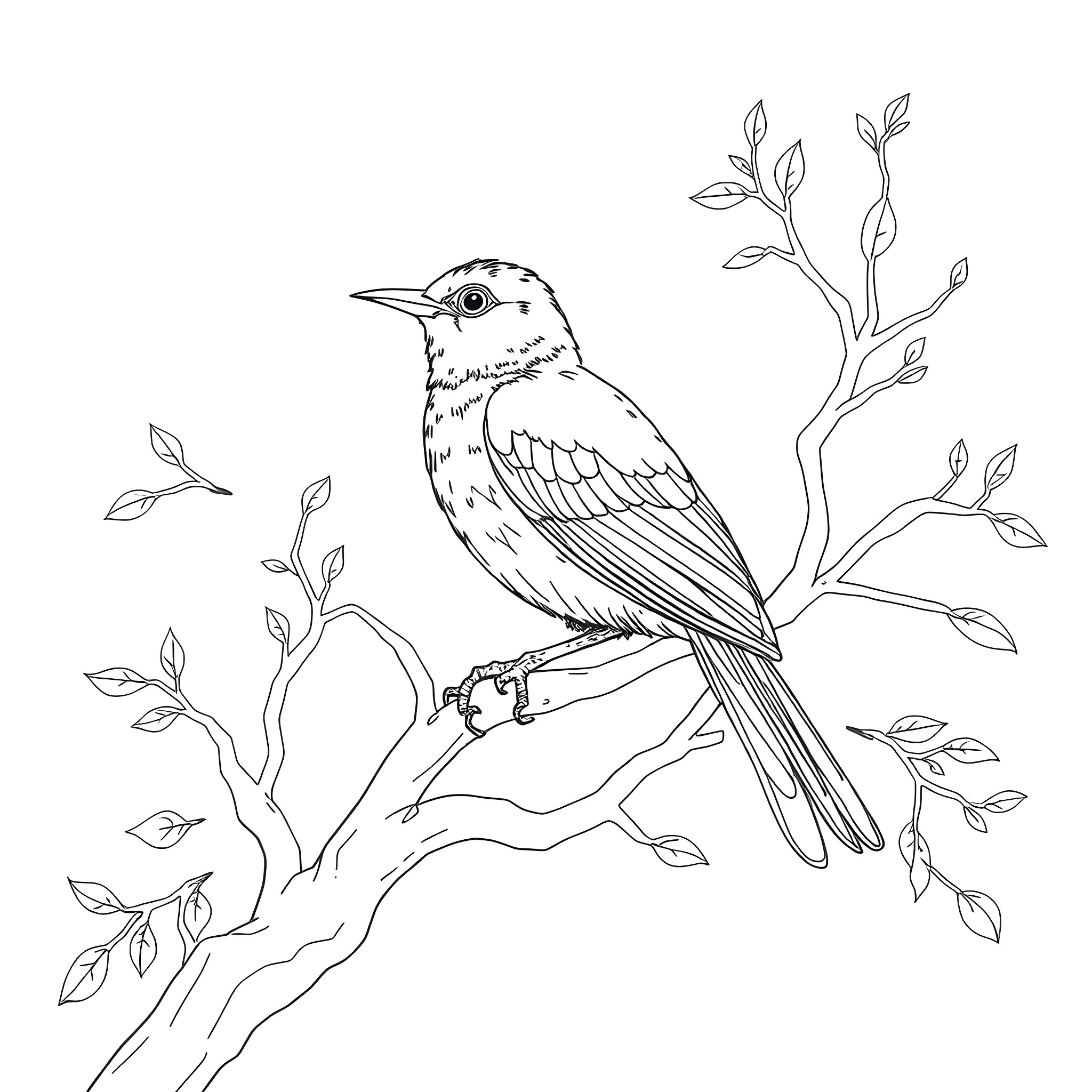 Honey Creeper bird on a branch Coloring Page (free black-and-white line drawing printable PDF for all, from beginners to advanced learners, including children, teens, adults, and seniors)