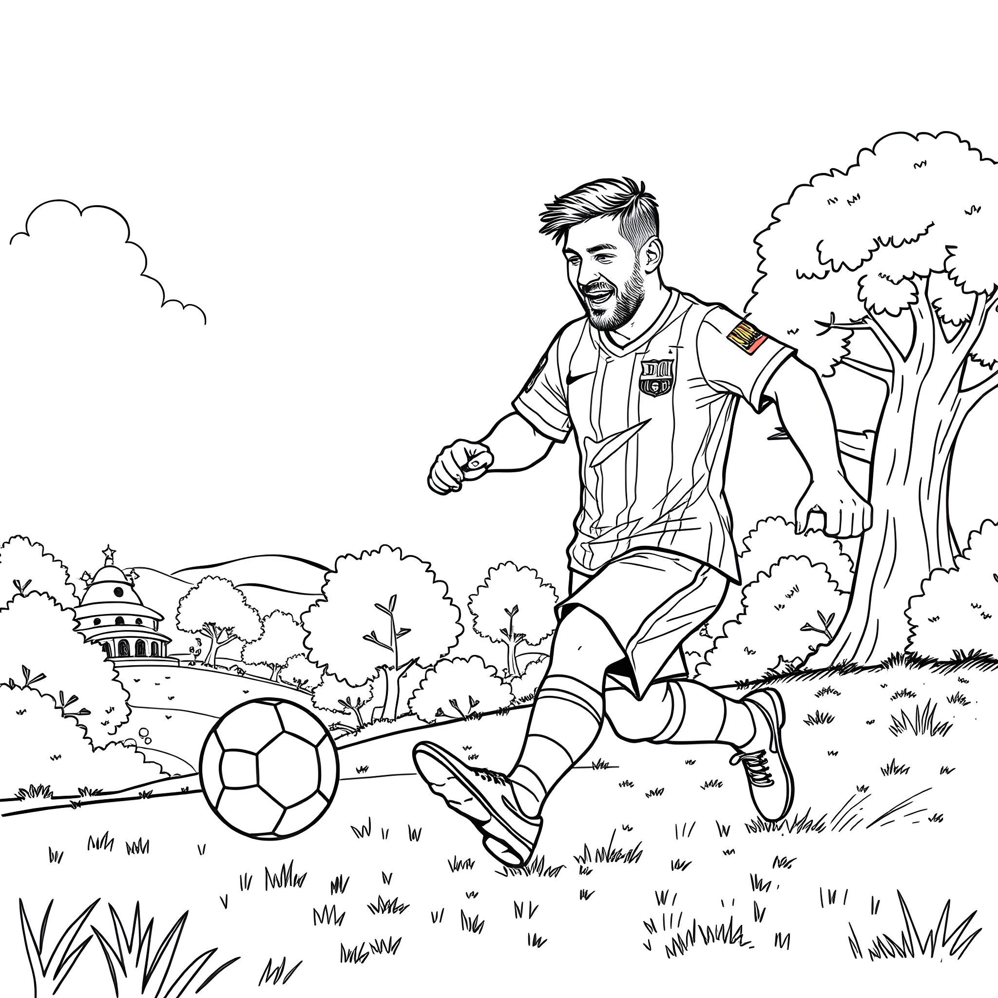 Messi kicking soccer ball in idyllic outdoor setting Coloring Page (free black-and-white line drawing printable PDF for all, from beginners to advanced learners, including children, teens, adults, and seniors)
