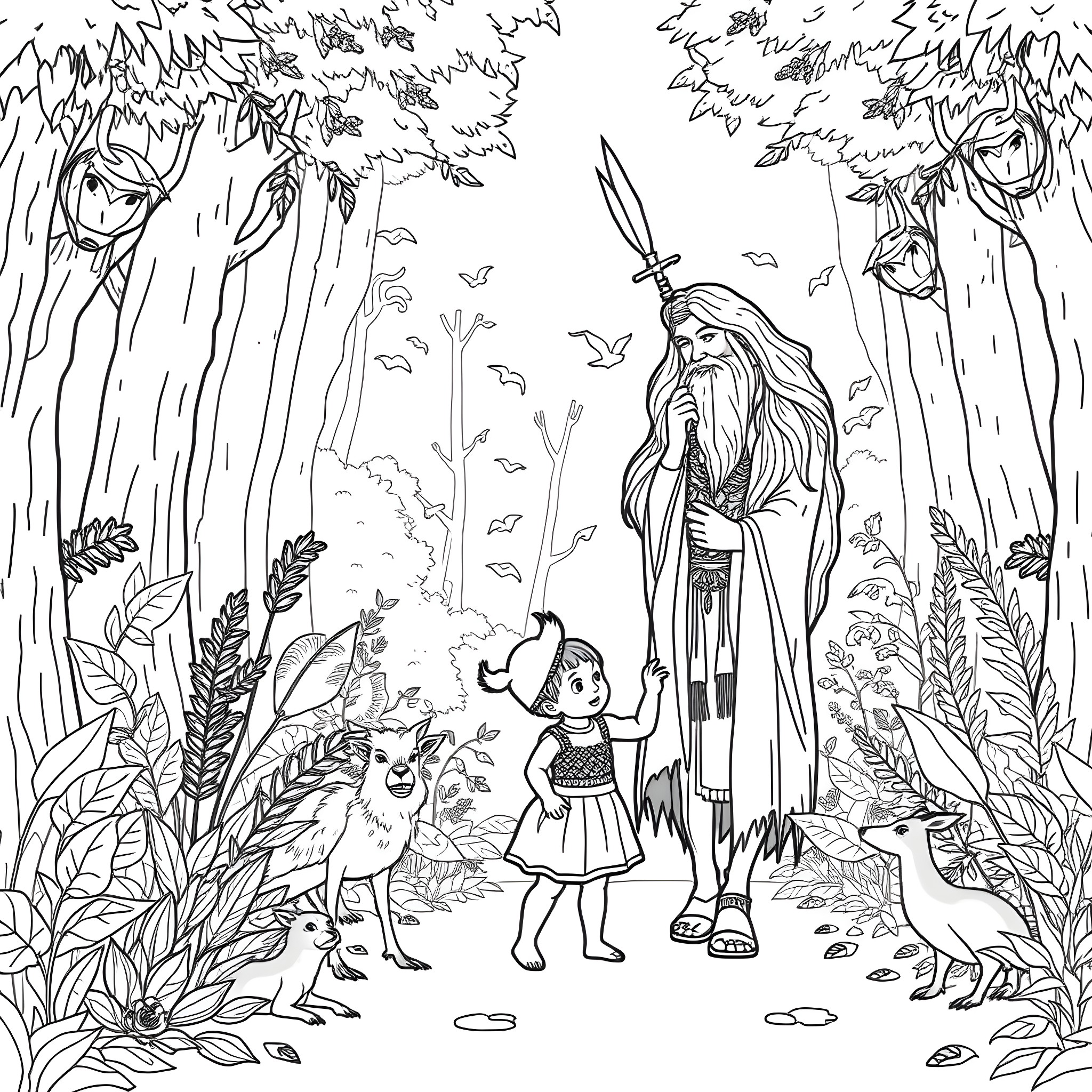 Spirit of the Forest Adventure Coloring Page (free black-and-white line drawing printable PDF for all, from beginners to advanced learners, including children, teens, adults, and seniors)