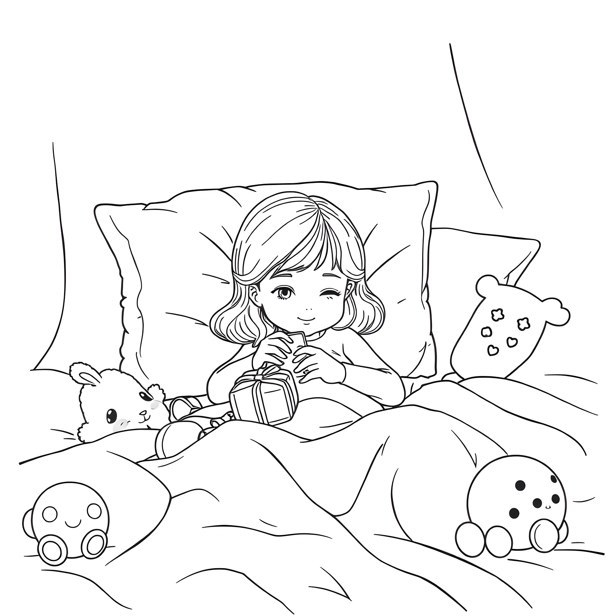 Girl playing with toys on the bed Coloring Page (free black-and-white line drawing printable PDF for all, from beginners to advanced learners, including children, teens, adults, and seniors)