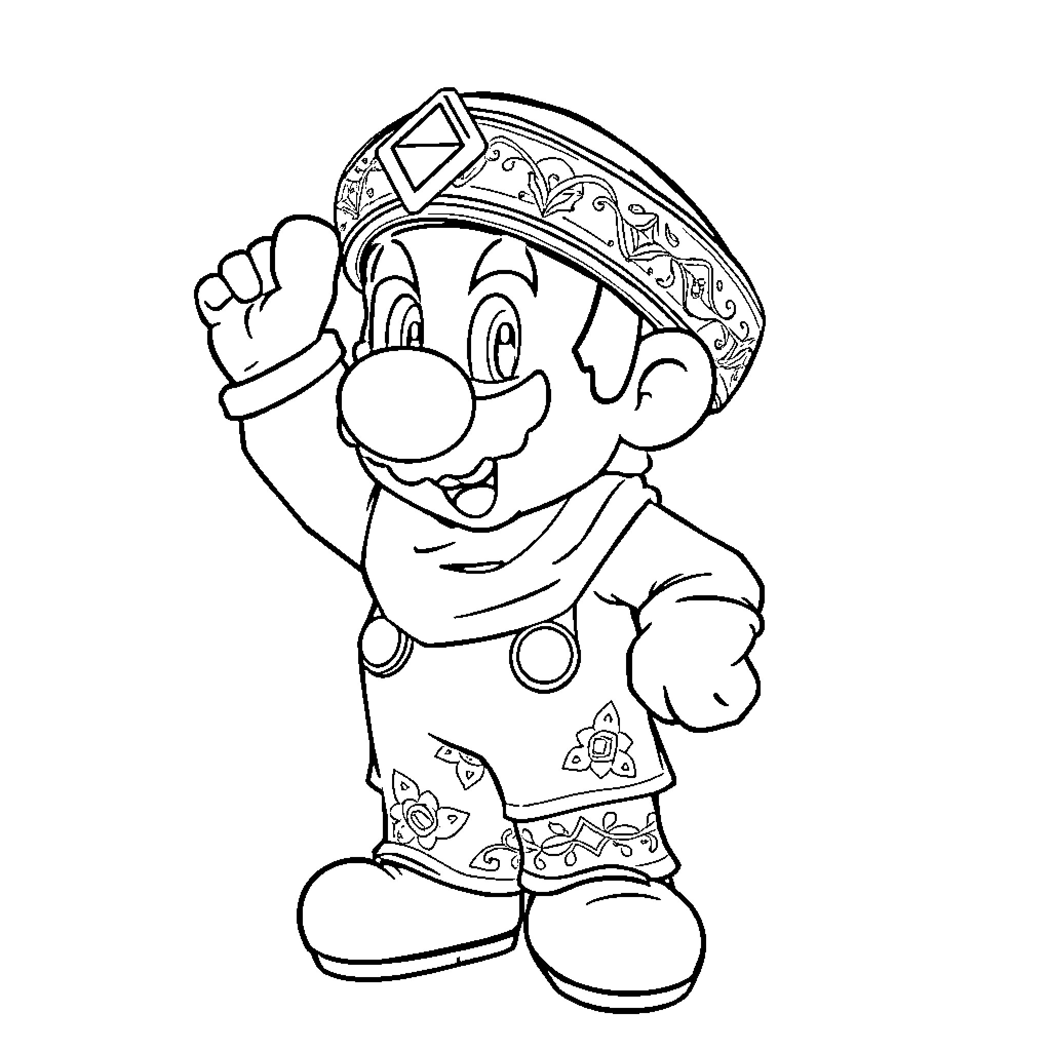 Mario excitedly jumping in his iconic outfit Coloring Page (free black-and-white line drawing printable PDF for all, from beginners to advanced learners, including children, teens, adults, and seniors)