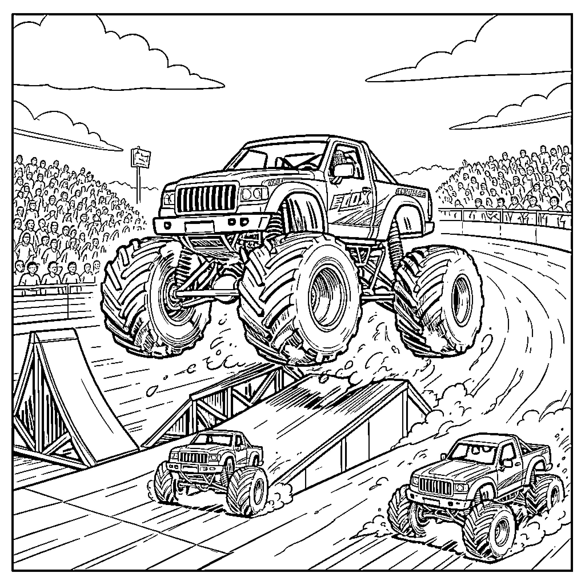 Monster Truck jumping over ramps during a stunt show Coloring Page (free black-and-white line drawing printable PDF for all, from beginners to advanced learners, including children, teens, adults, and seniors)
