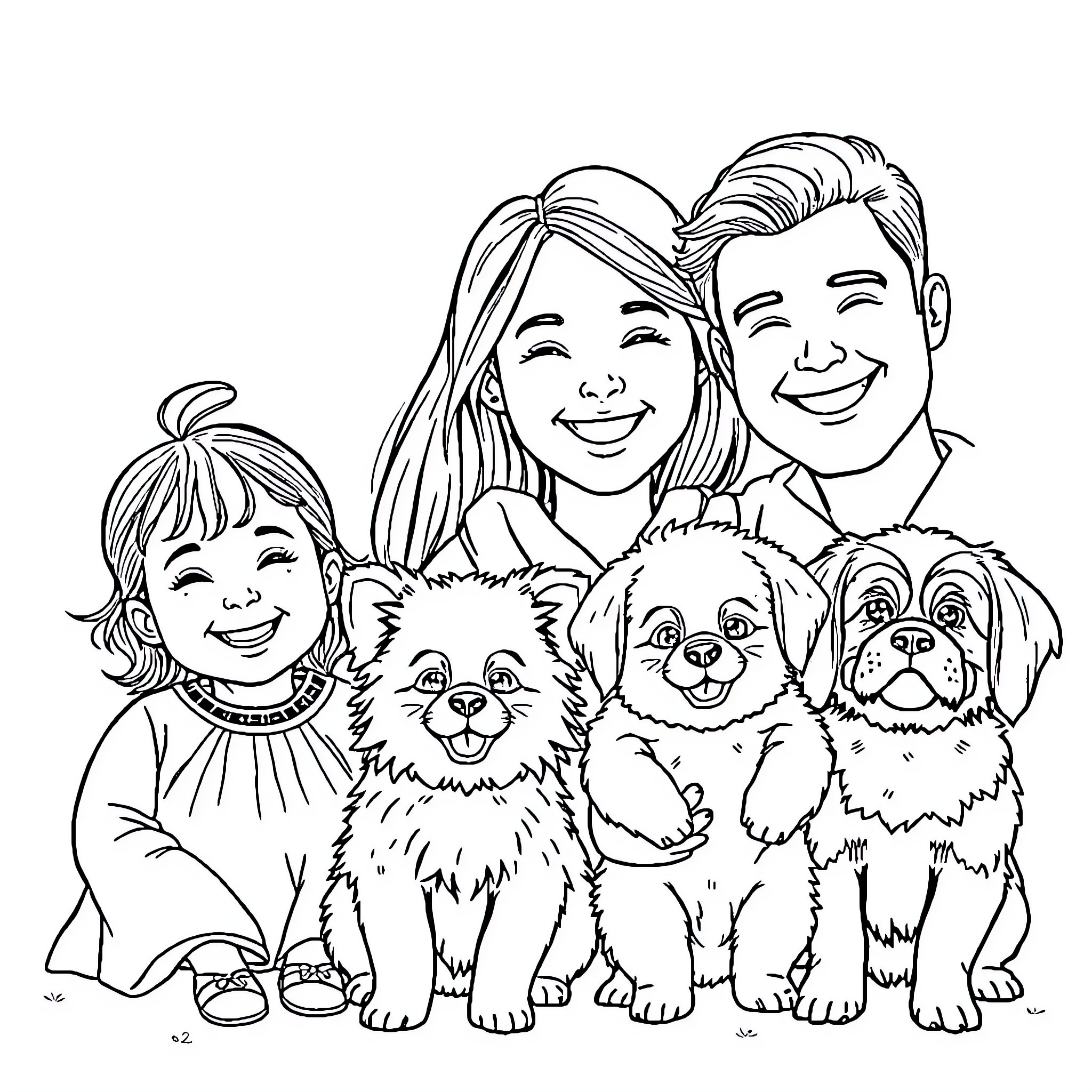 Family portrait with playful dogs Coloring Page (free black-and-white line drawing printable PDF for all, from beginners to advanced learners, including children, teens, adults, and seniors)