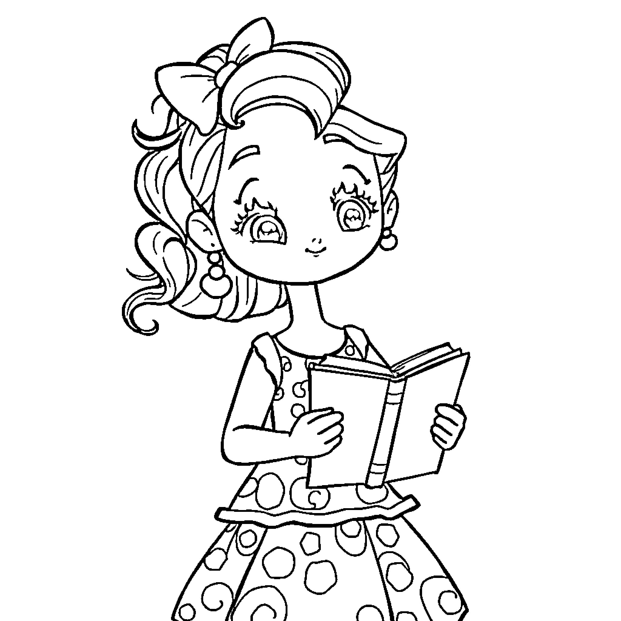 Gabby reading a book happily Coloring Page (free black-and-white line drawing printable PDF for all, from beginners to advanced learners, including children, teens, adults, and seniors)