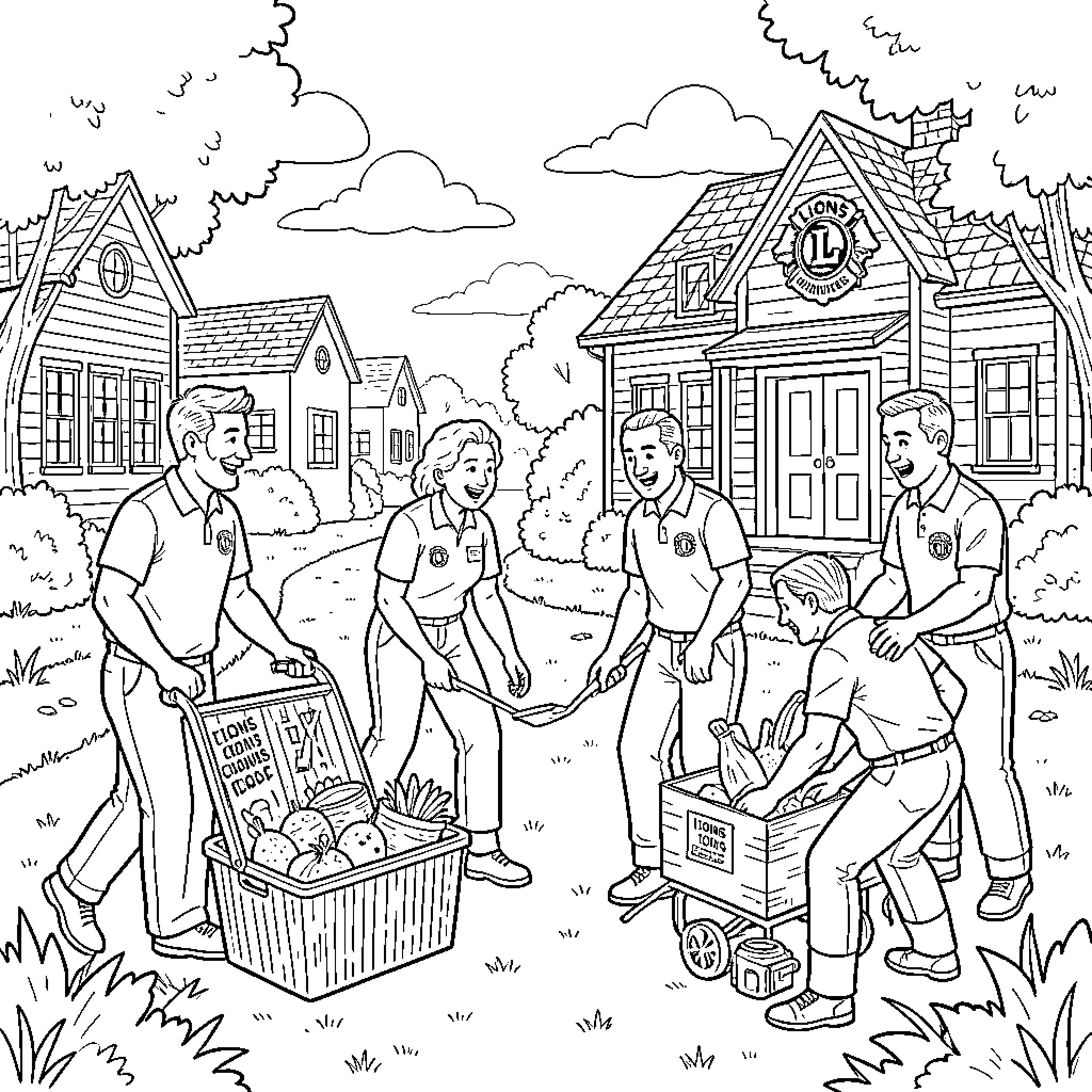 Lion Club members collecting food donations together Coloring Page (free black-and-white line drawing printable PDF for all, from beginners to advanced learners, including children, teens, adults, and seniors)